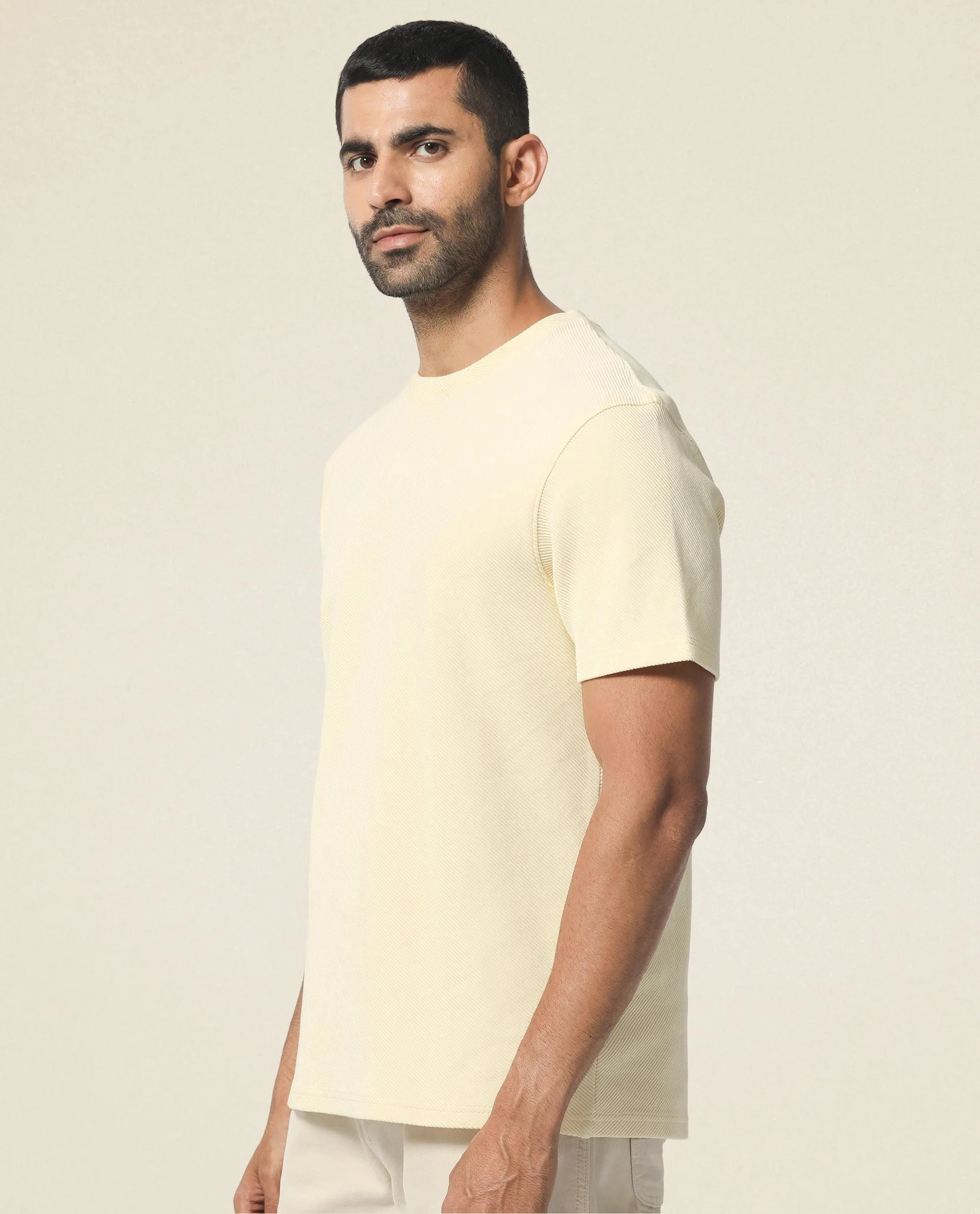 Rare Rabbit Men's Cas Light Yellow Crew Neck Ottoman Textured Drop Shoulder Half Sleeves T-Shirt - Image 4