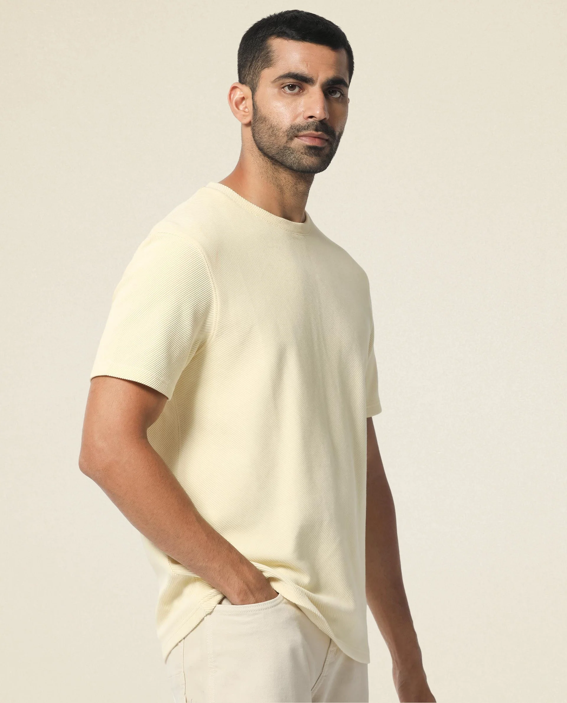 Rare Rabbit Men's Cas Light Yellow Crew Neck Ottoman Textured Drop Shoulder Half Sleeves T-Shirt - Image 5