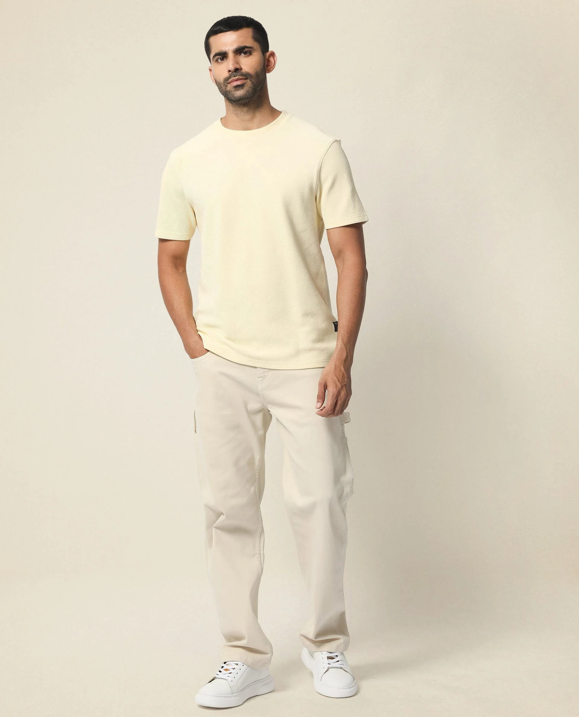 Rare Rabbit Men's Cas Light Yellow Crew Neck Ottoman Textured Drop Shoulder Half Sleeves T-Shirt - Image 6