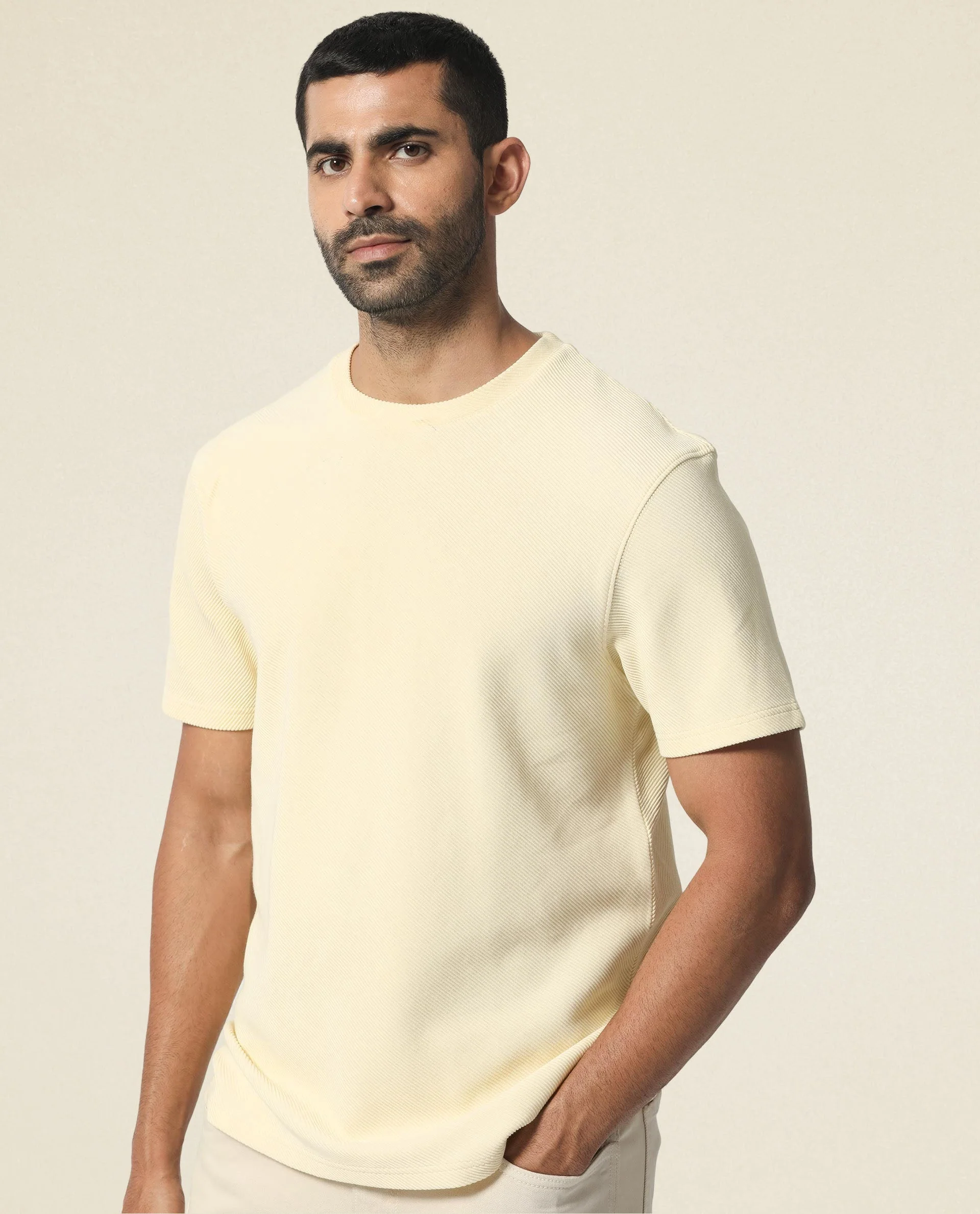 Rare Rabbit Men's Cas Light Yellow Crew Neck Ottoman Textured Drop Shoulder Half Sleeves T-Shirt - Image 7
