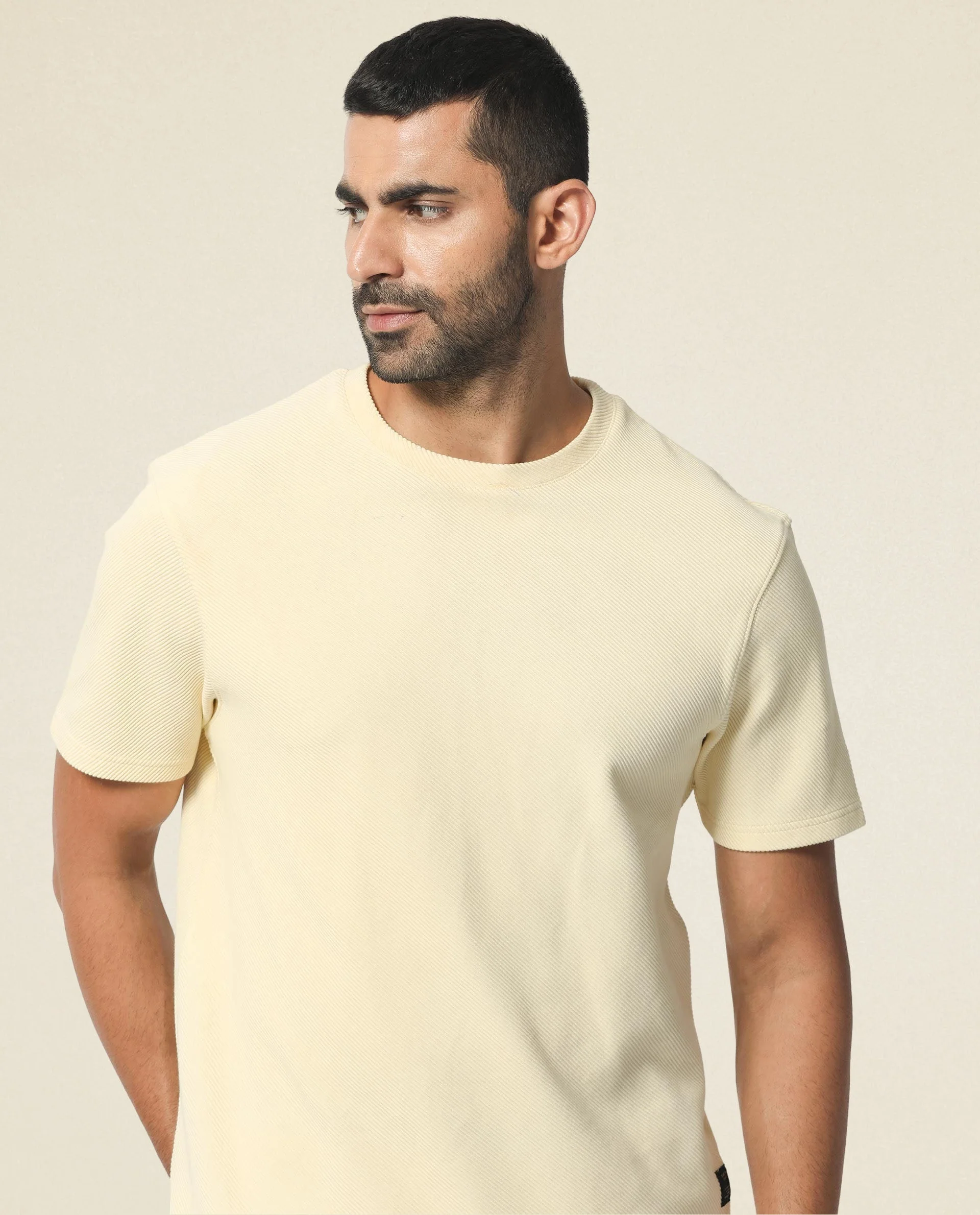 Rare Rabbit Men's Cas Light Yellow Crew Neck Ottoman Textured Drop Shoulder Half Sleeves T-Shirt - Image 8