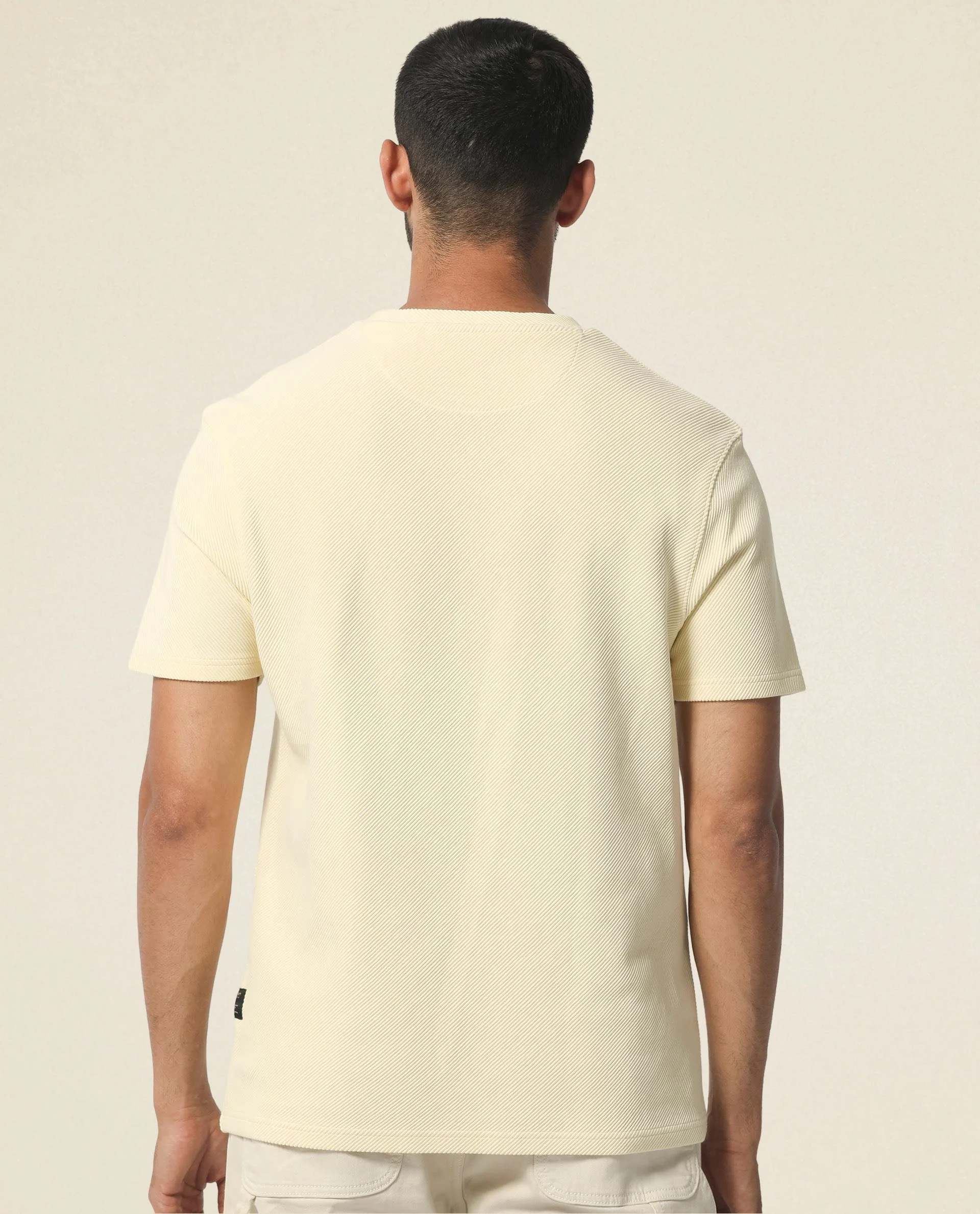 Rare Rabbit Men's Cas Light Yellow Crew Neck Ottoman Textured Drop Shoulder Half Sleeves T-Shirt - Image 9