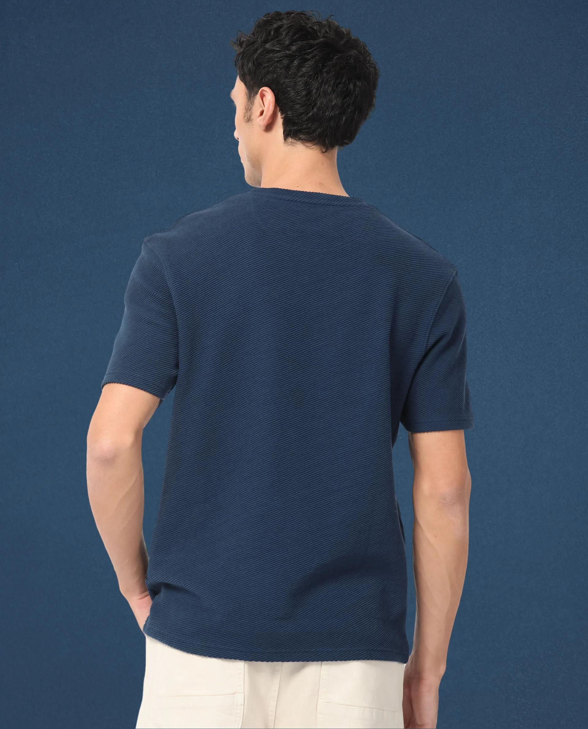 Rare Rabbit Men's Cas Petrol Solid Crew Neck Ottoman Textured Drop Shoulder Half Sleeves T-Shirt - Image 10