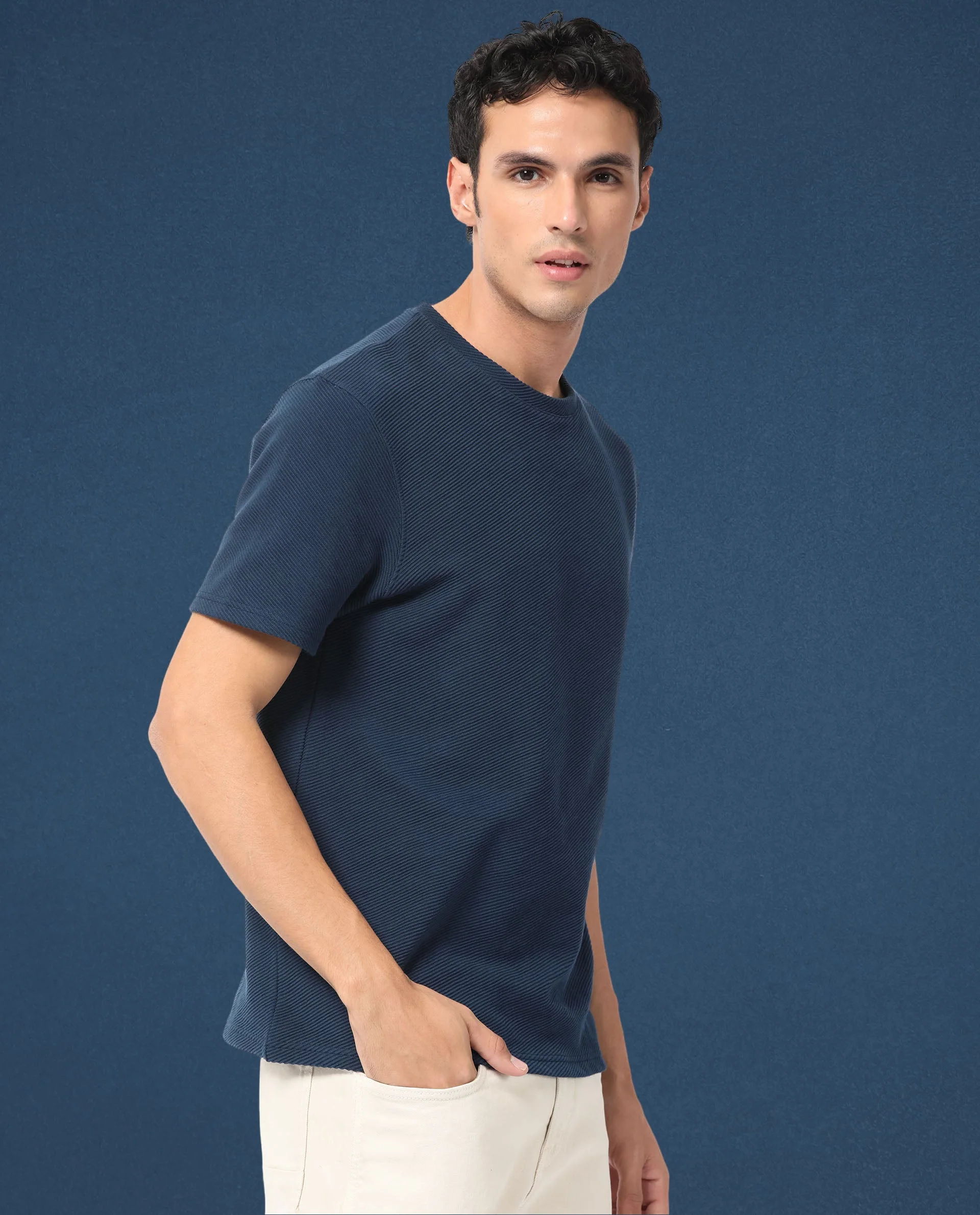Rare Rabbit Men's Cas Petrol Solid Crew Neck Ottoman Textured Drop Shoulder Half Sleeves T-Shirt - Image 12