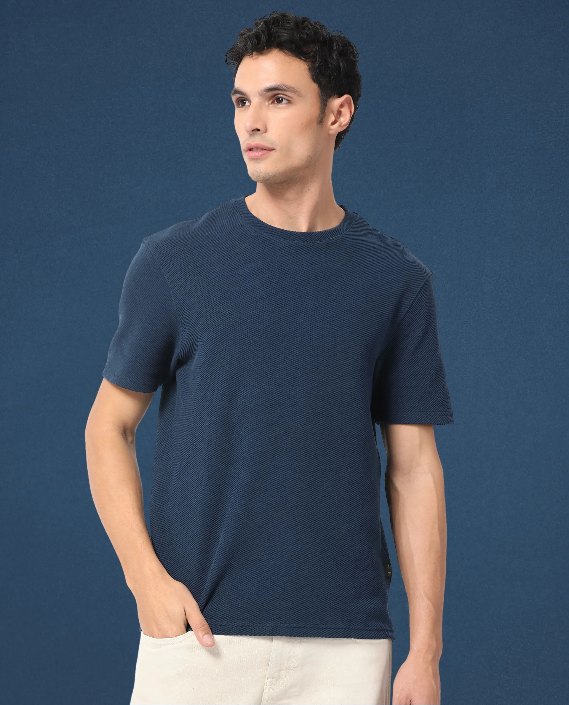 Rare Rabbit Men's Cas Petrol Solid Crew Neck Ottoman Textured Drop Shoulder Half Sleeves T-Shirt - Image 13