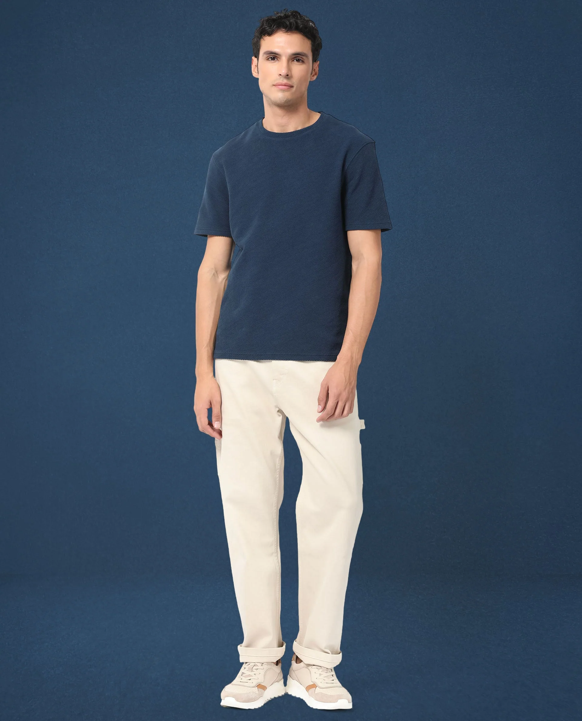 Rare Rabbit Men's Cas Petrol Solid Crew Neck Ottoman Textured Drop Shoulder Half Sleeves T-Shirt - Image 2
