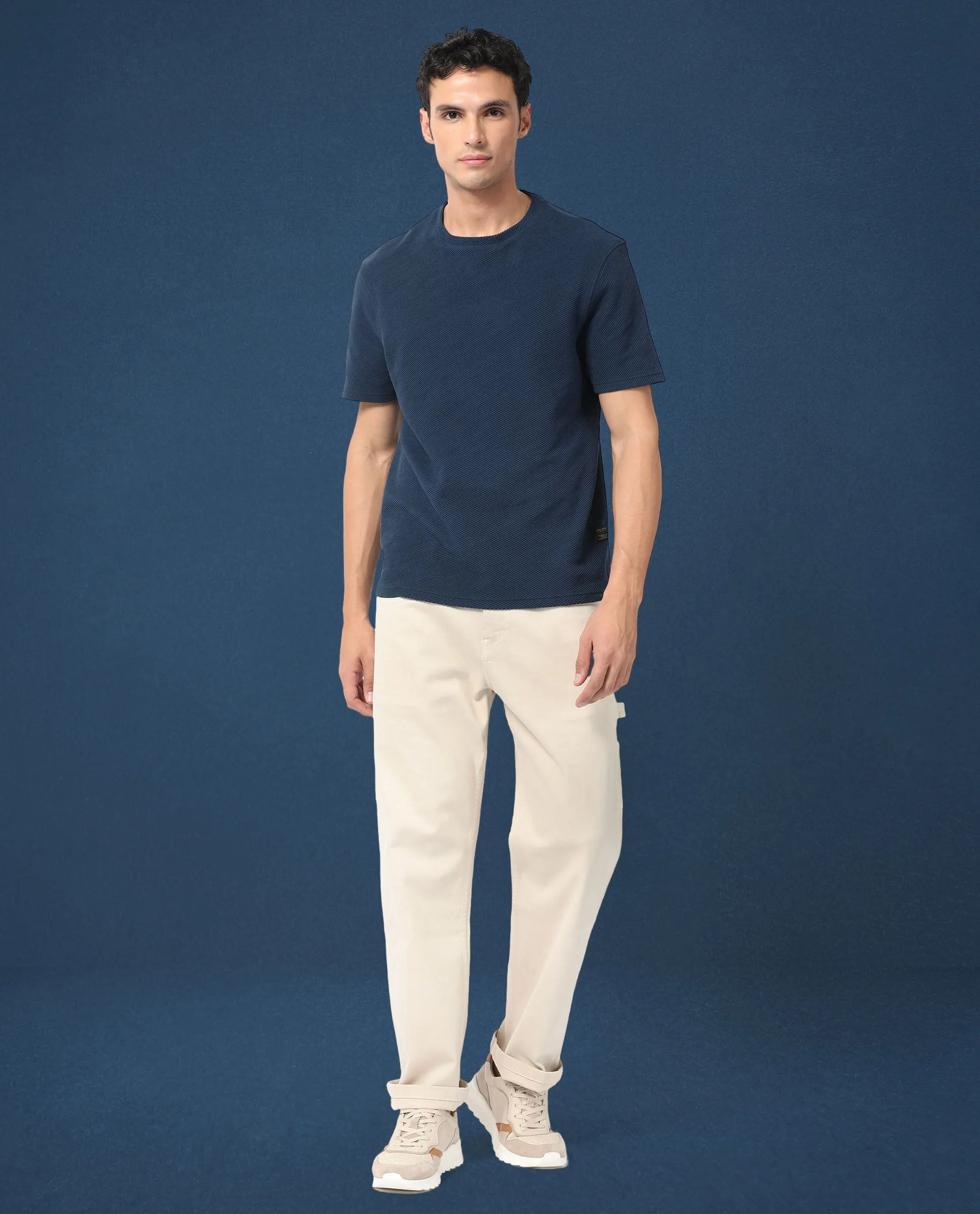Rare Rabbit Men's Cas Petrol Solid Crew Neck Ottoman Textured Drop Shoulder Half Sleeves T-Shirt - Image 3