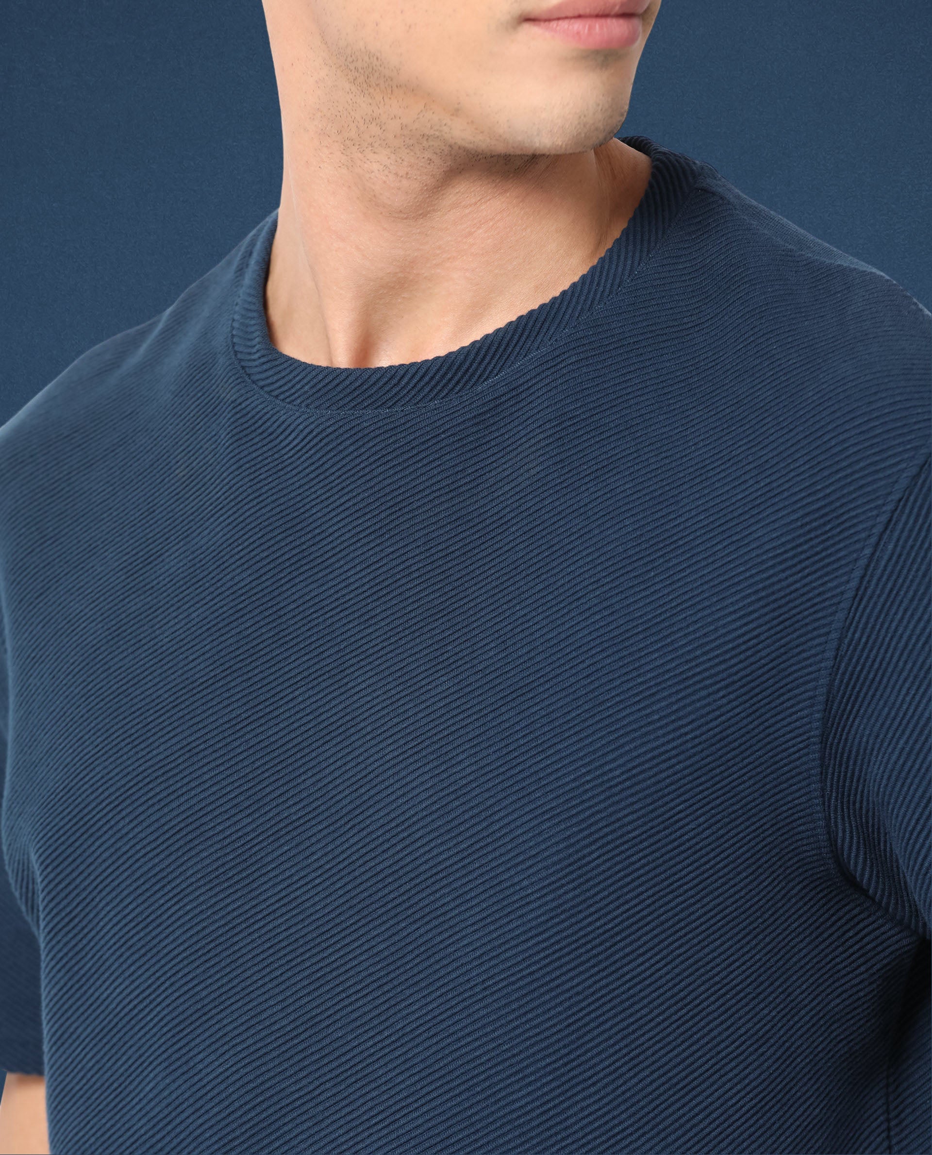 Rare Rabbit Men's Cas Petrol Solid Crew Neck Ottoman Textured Drop Shoulder Half Sleeves T-Shirt - Image 5