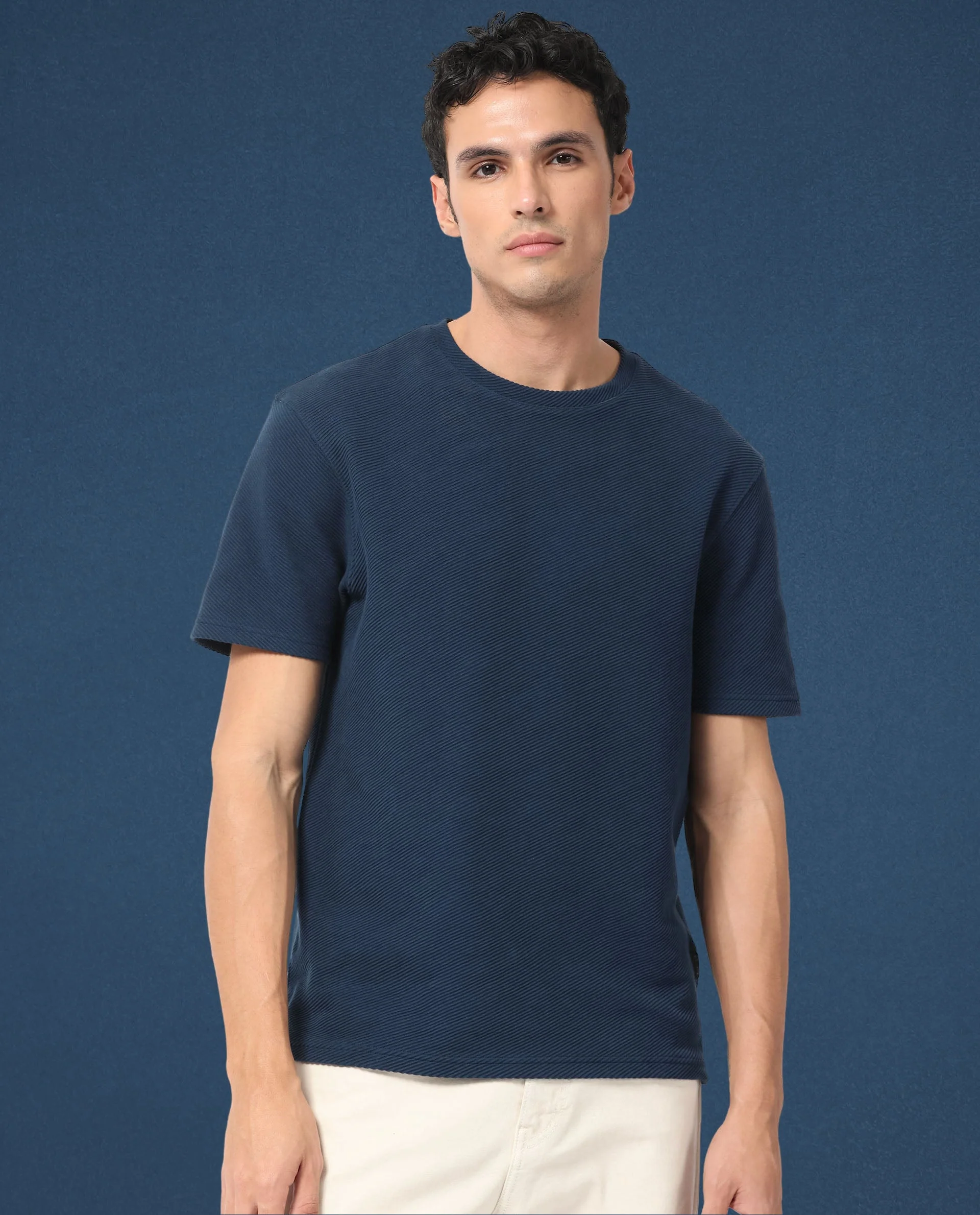 Rare Rabbit Men's Cas Petrol Solid Crew Neck Ottoman Textured Drop Shoulder Half Sleeves T-Shirt - Image 7