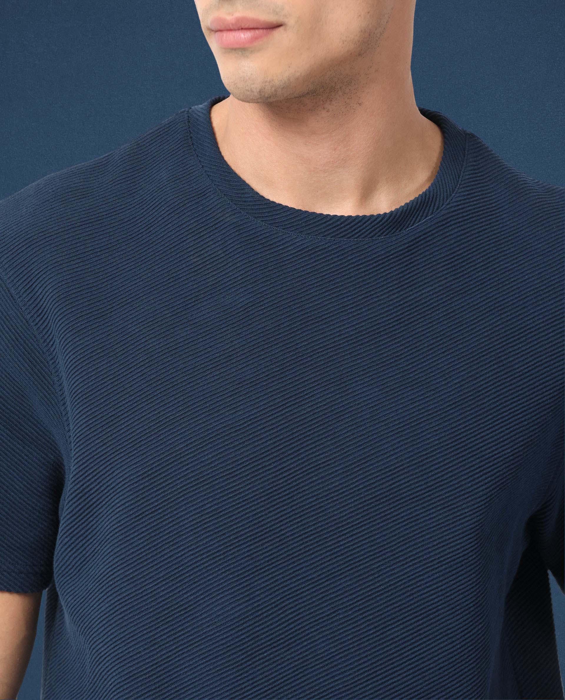 Rare Rabbit Men's Cas Petrol Solid Crew Neck Ottoman Textured Drop Shoulder Half Sleeves T-Shirt - Image 8