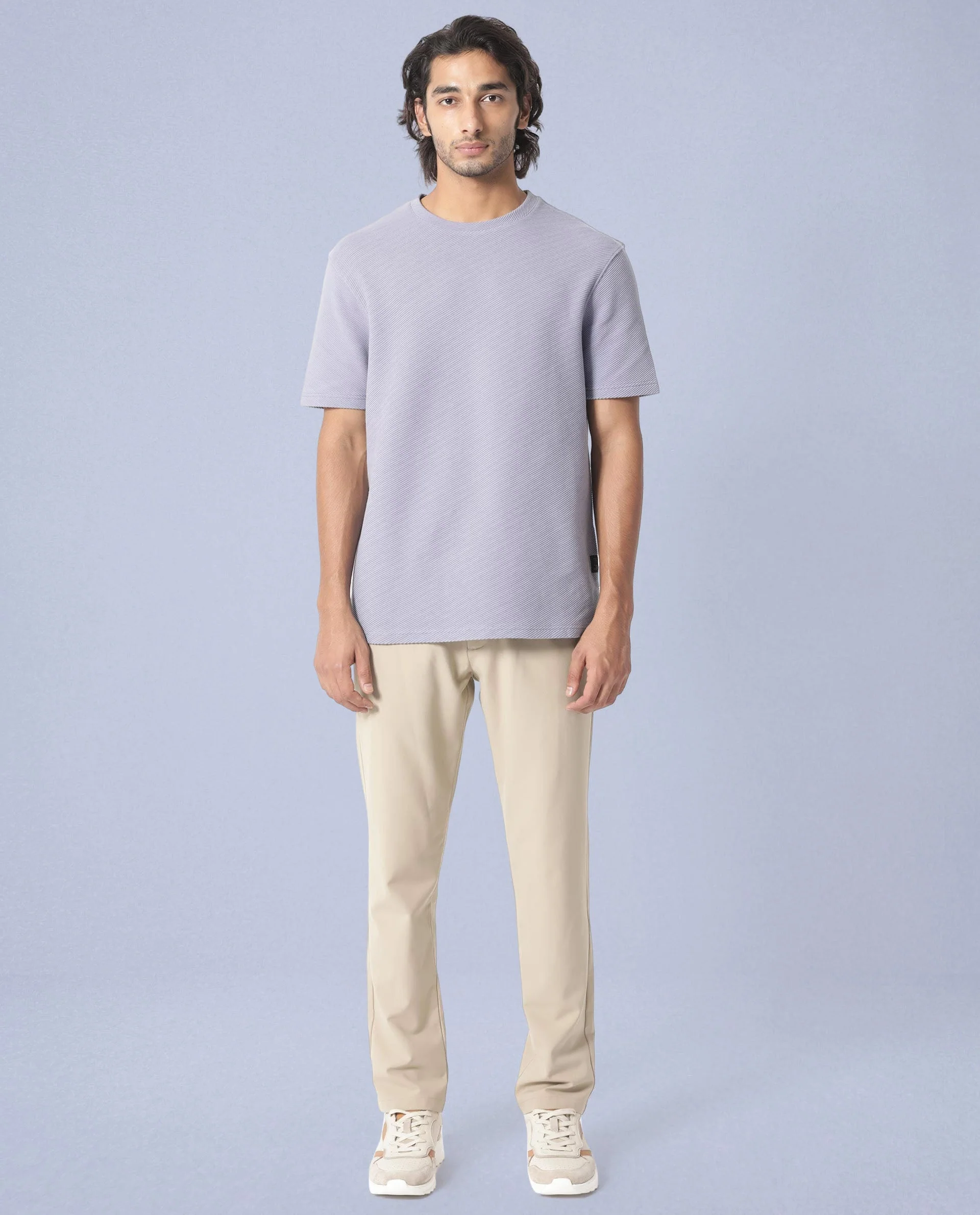 Rare Rabbit Men's Cas Purple Crew Neck Ottoman Textured Drop Shoulder Half Sleeves T-Shirt - Image 3