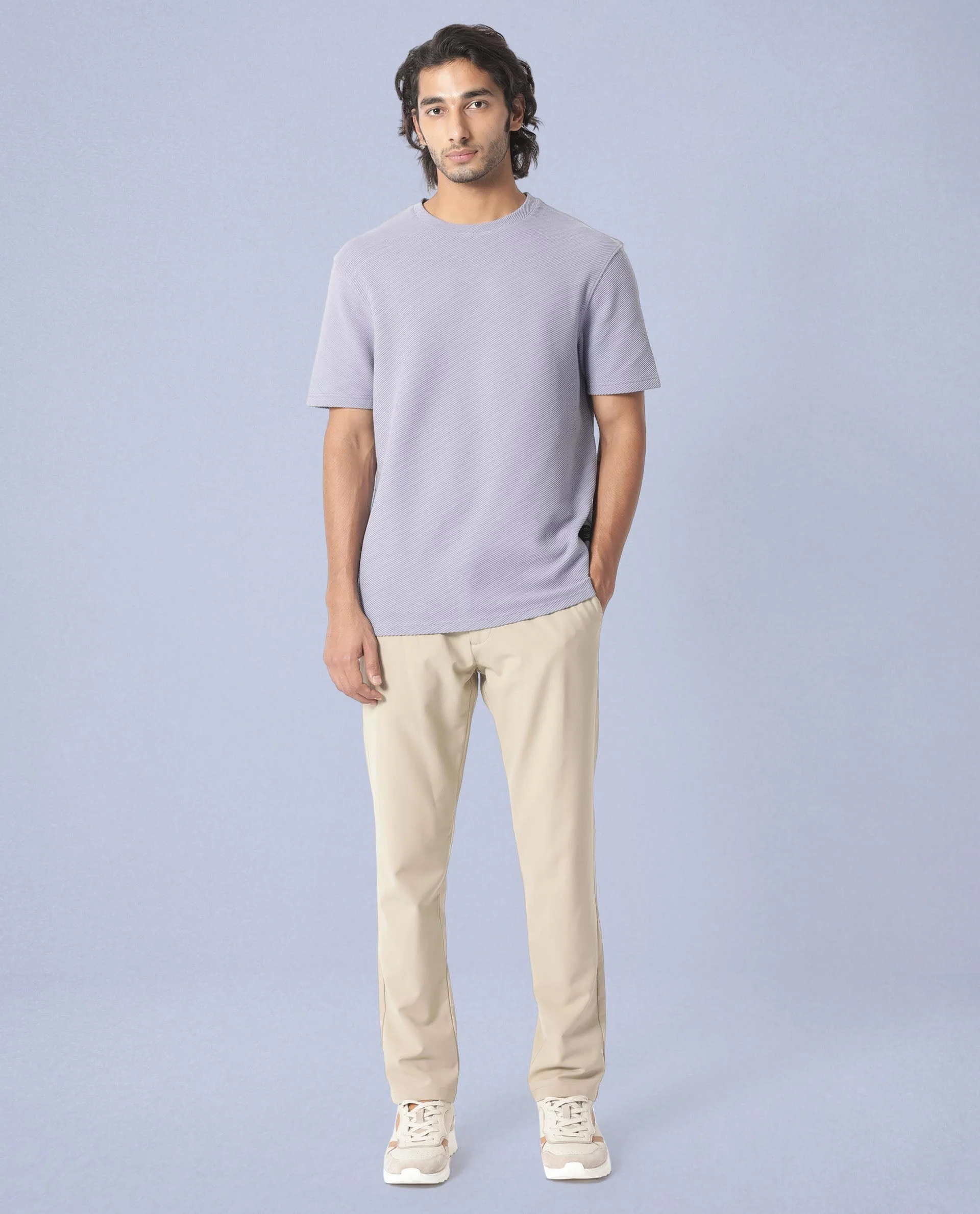 Rare Rabbit Men's Cas Purple Crew Neck Ottoman Textured Drop Shoulder Half Sleeves T-Shirt - Image 5