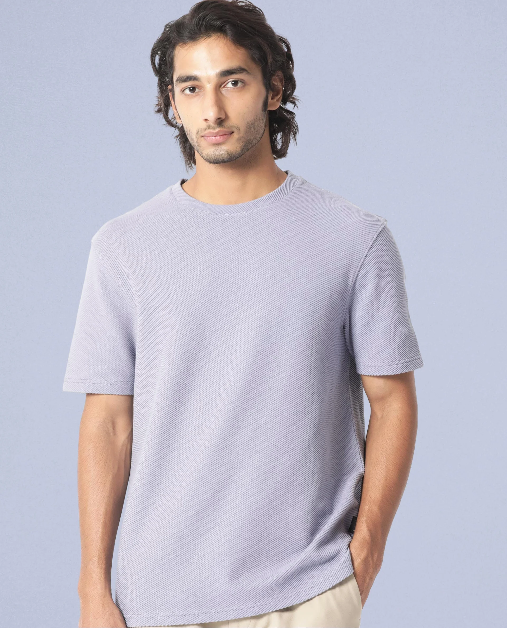 Rare Rabbit Men's Cas Purple Crew Neck Ottoman Textured Drop Shoulder Half Sleeves T-Shirt - Image 7