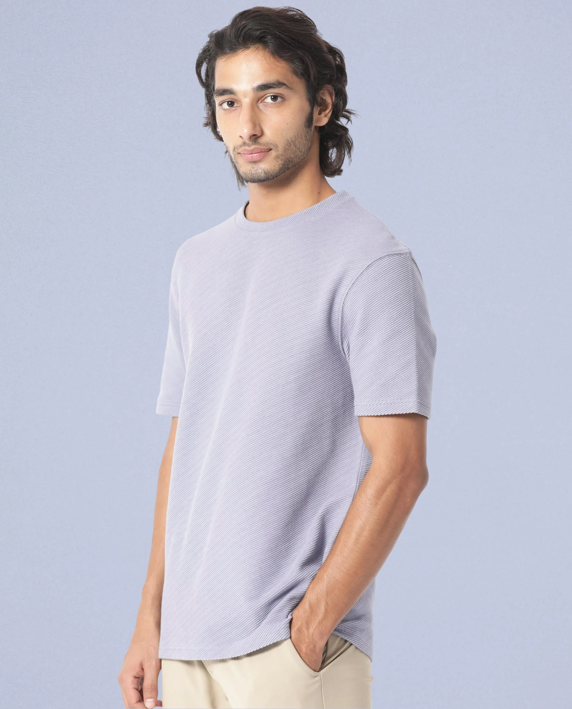 Rare Rabbit Men's Cas Purple Crew Neck Ottoman Textured Drop Shoulder Half Sleeves T-Shirt - Image 8
