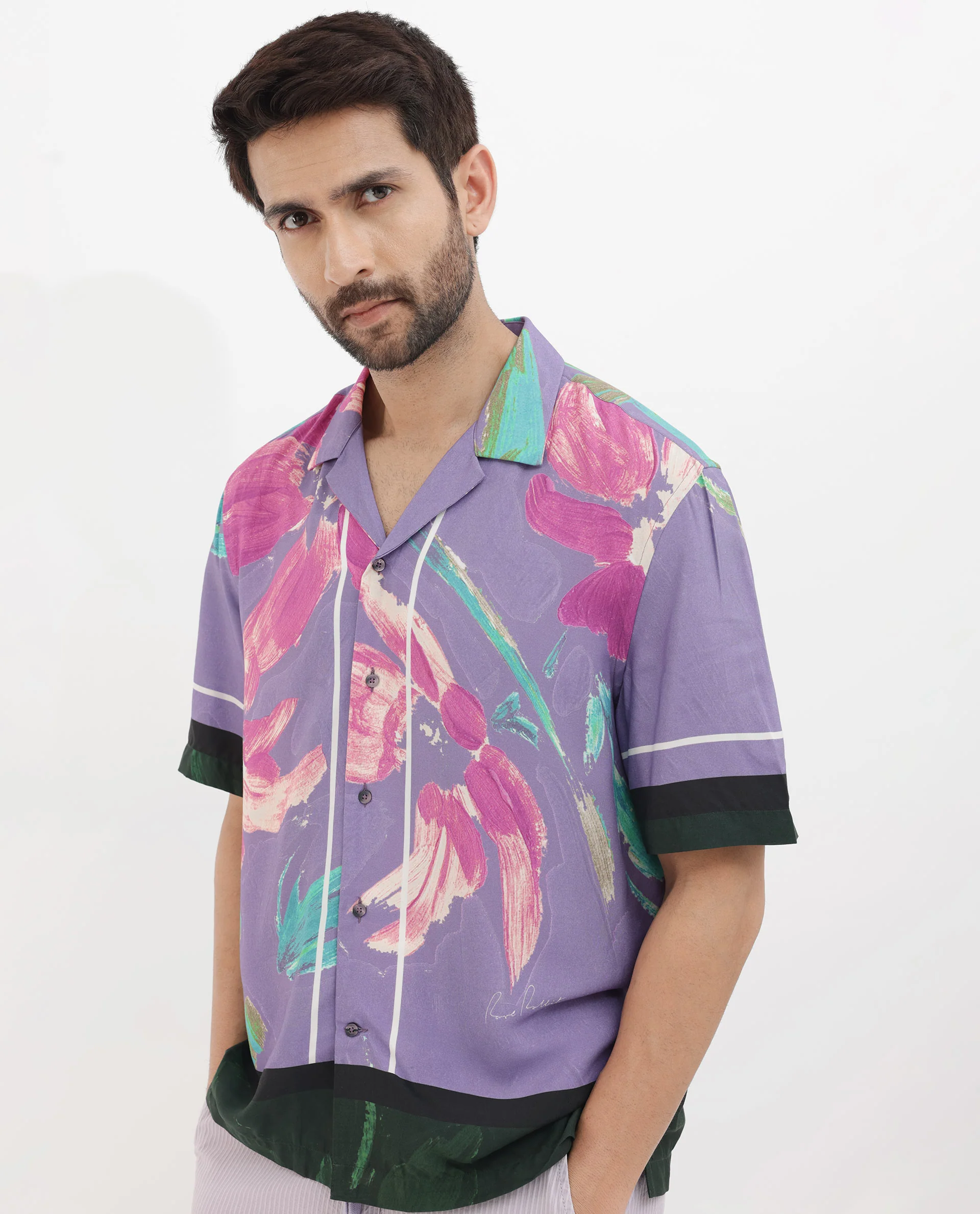 Rare Rabbit Men's Casa Purple Viscose Floral Print Boxy Fit Half Sleeve Cuban Collar Shirt - Image 3