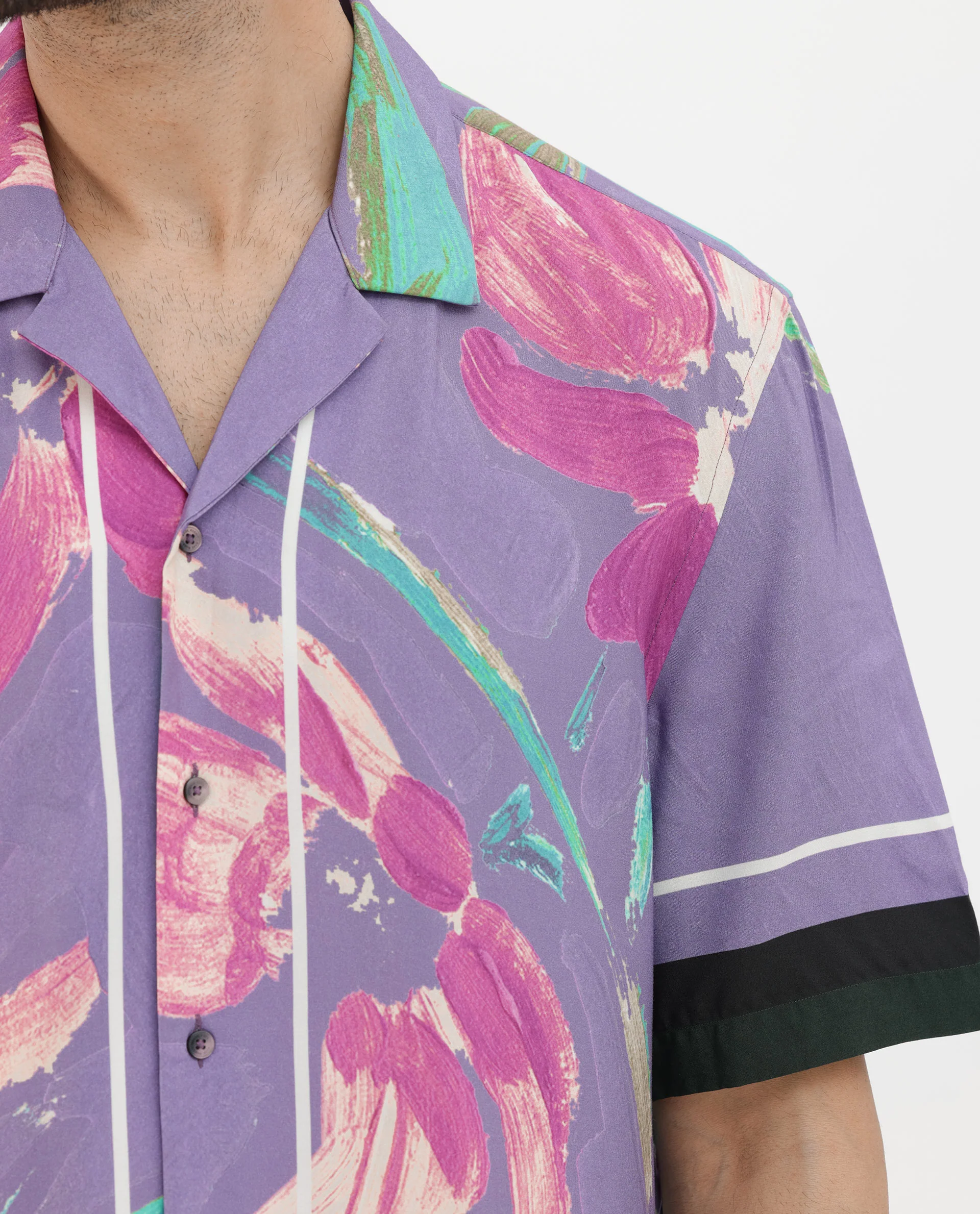 Rare Rabbit Men's Casa Purple Viscose Floral Print Boxy Fit Half Sleeve Cuban Collar Shirt - Image 5