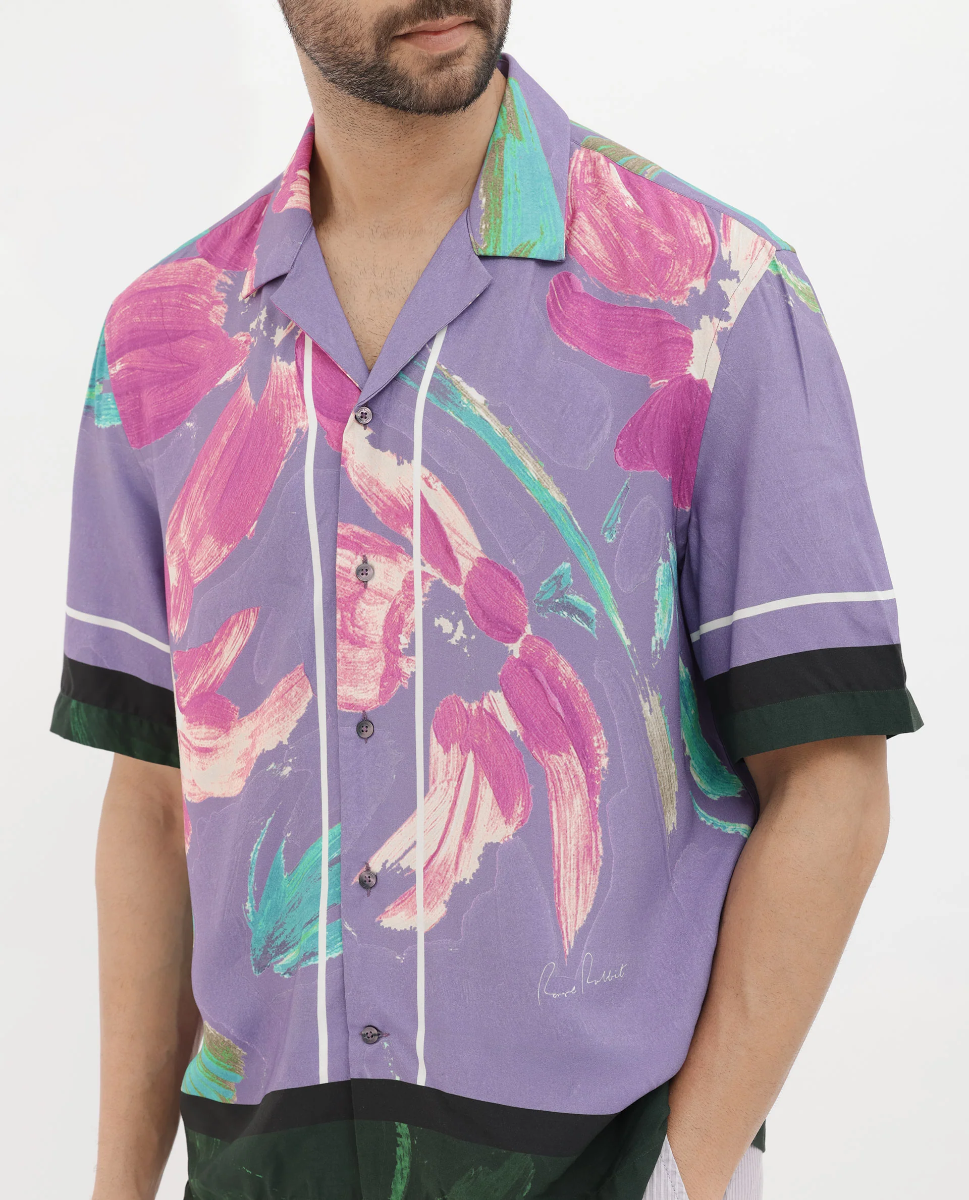 Rare Rabbit Men's Casa Purple Viscose Floral Print Boxy Fit Half Sleeve Cuban Collar Shirt - Image 6