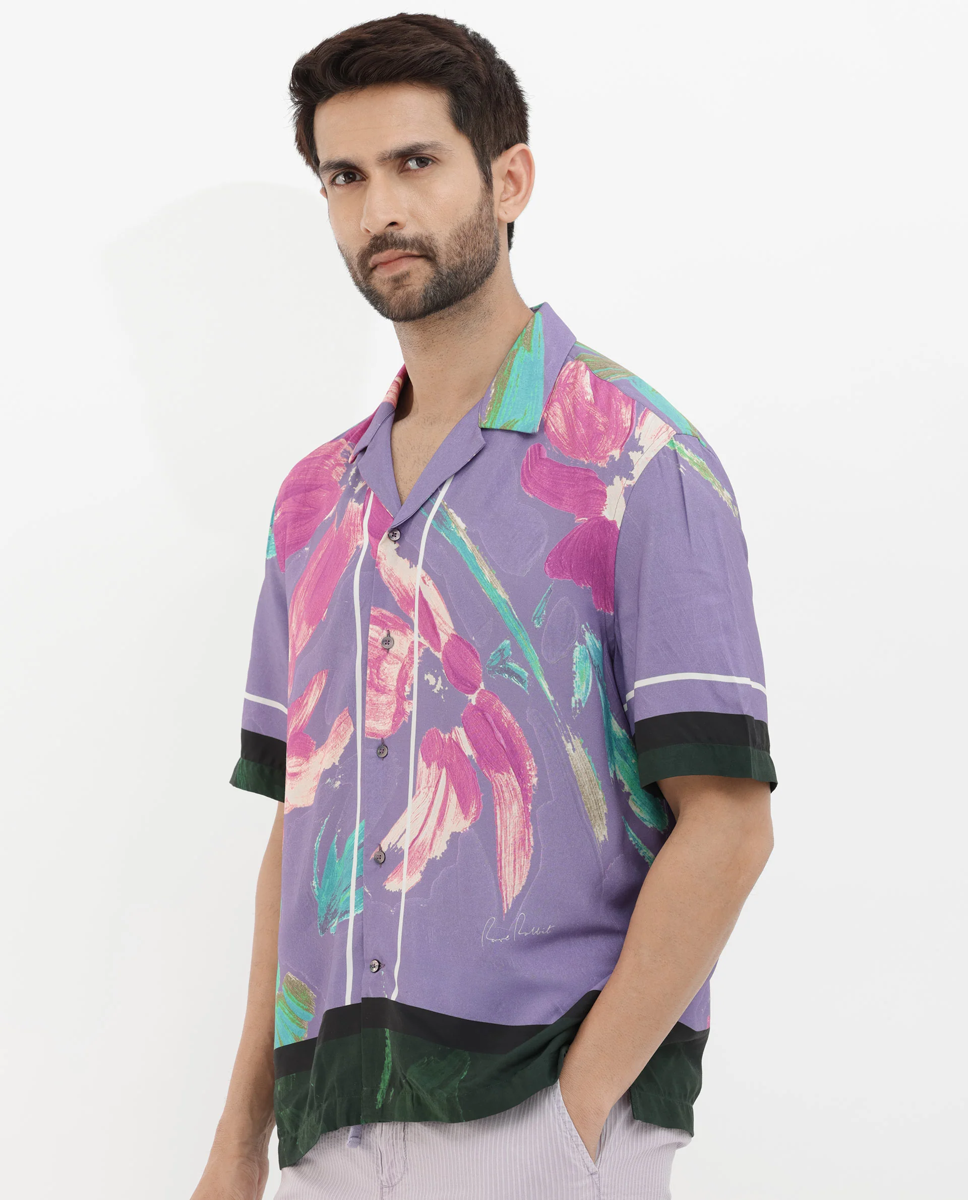 Rare Rabbit Men's Casa Purple Viscose Floral Print Boxy Fit Half Sleeve Cuban Collar Shirt - Image 7