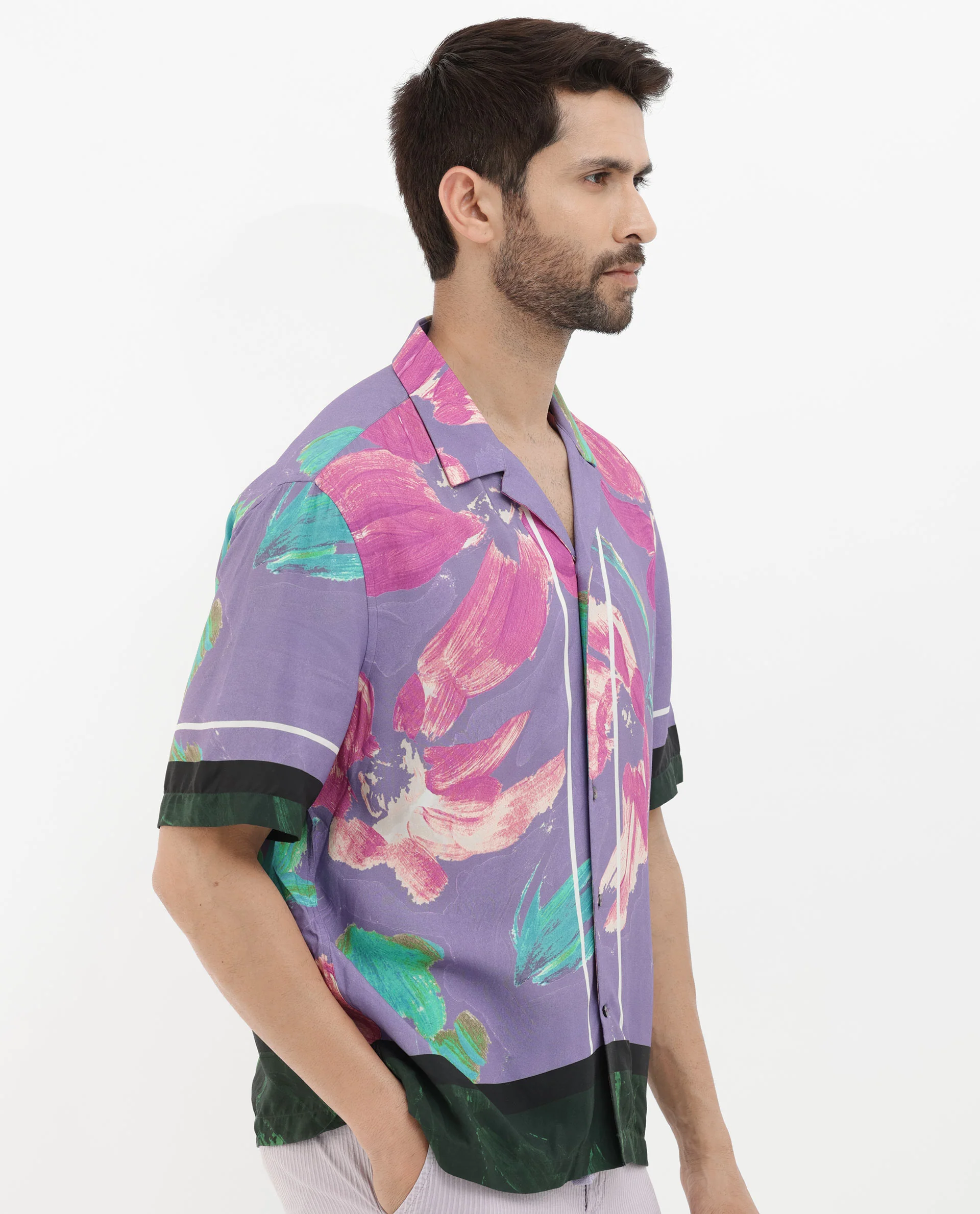 Rare Rabbit Men's Casa Purple Viscose Floral Print Boxy Fit Half Sleeve Cuban Collar Shirt - Image 8