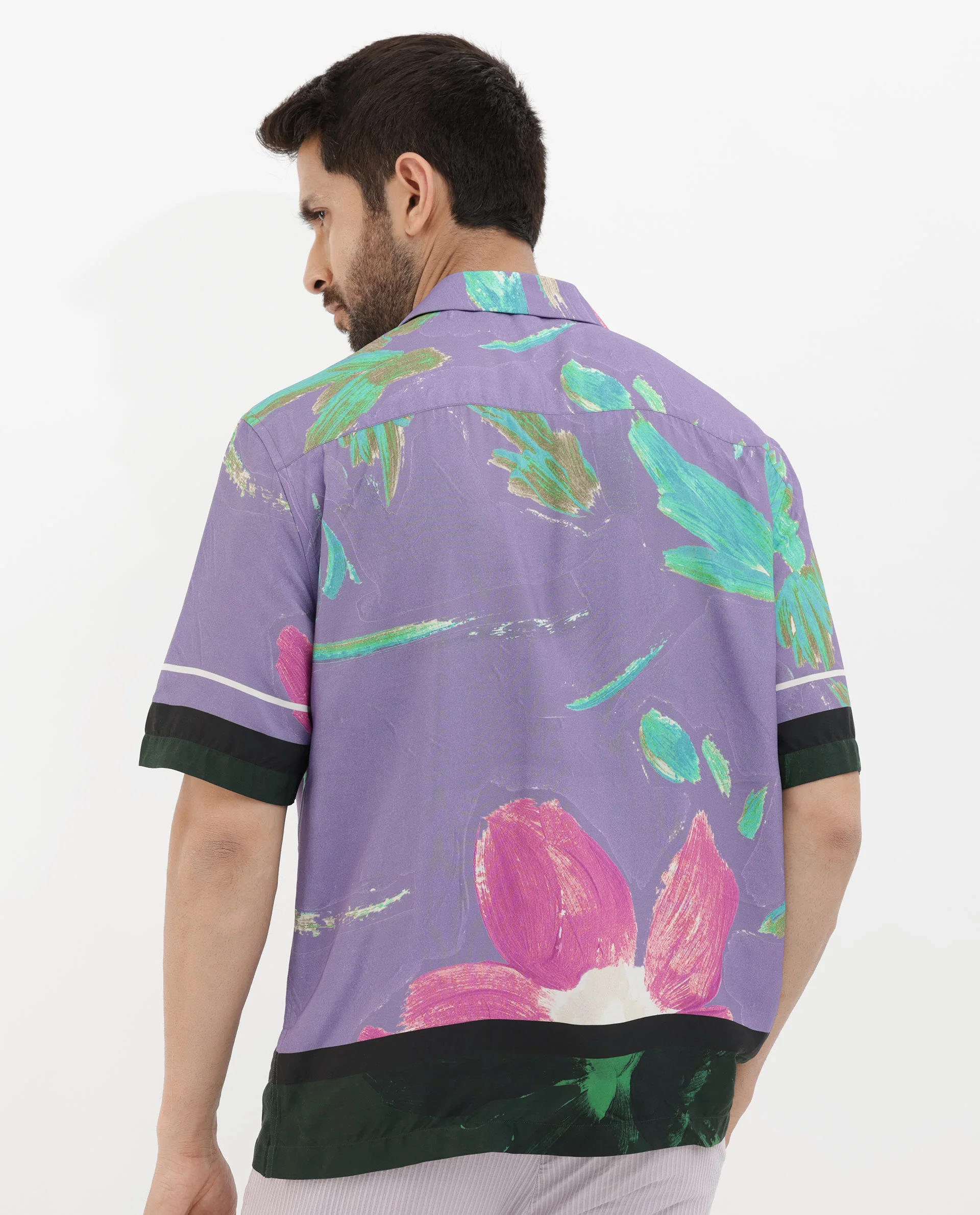 Rare Rabbit Men's Casa Purple Viscose Floral Print Boxy Fit Half Sleeve Cuban Collar Shirt - Image 9