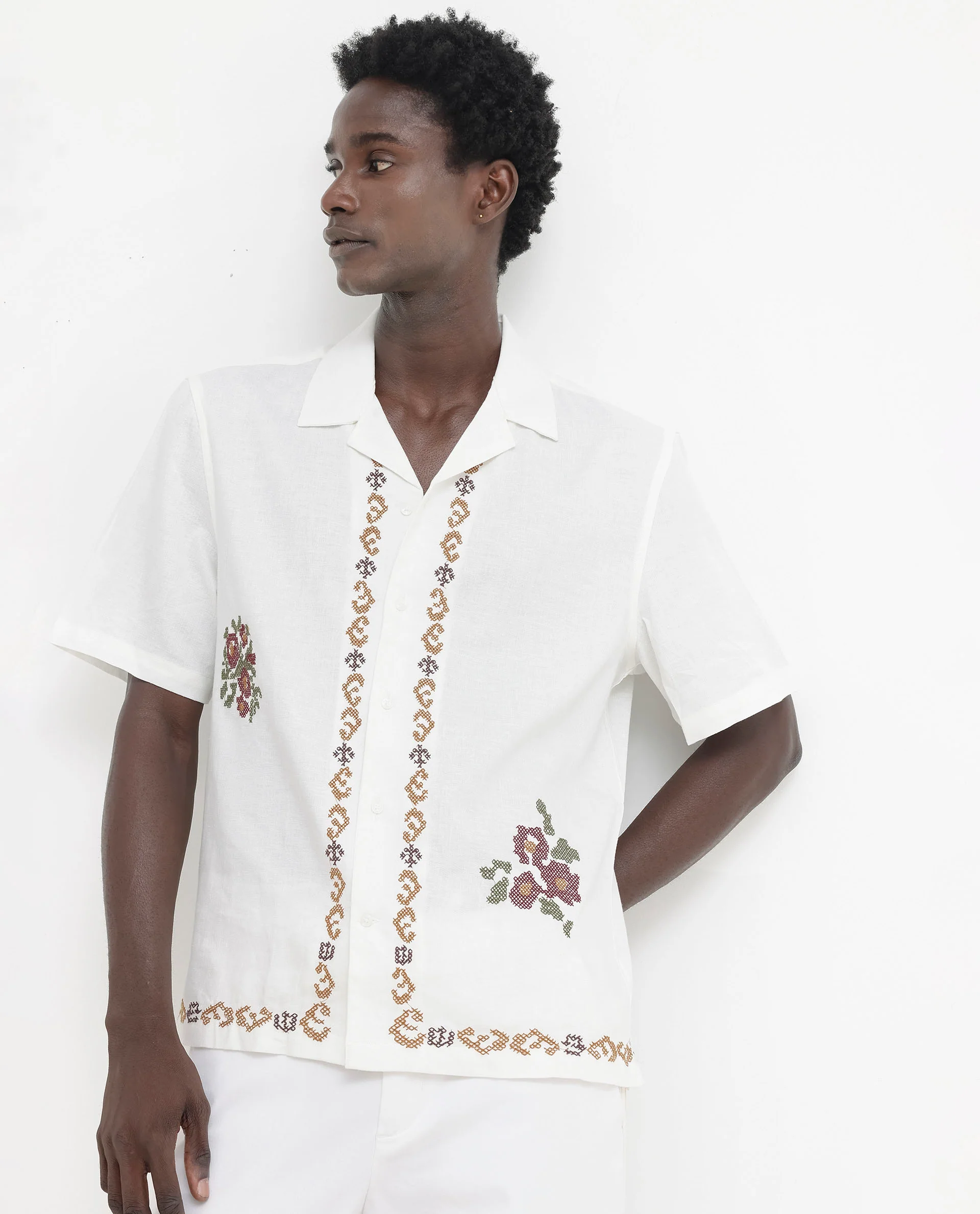 Rare Rabbit Men's Casabo Off White Linen Blend Embroidered Boxy Fit Half Sleeve Cuban Collar Shirt