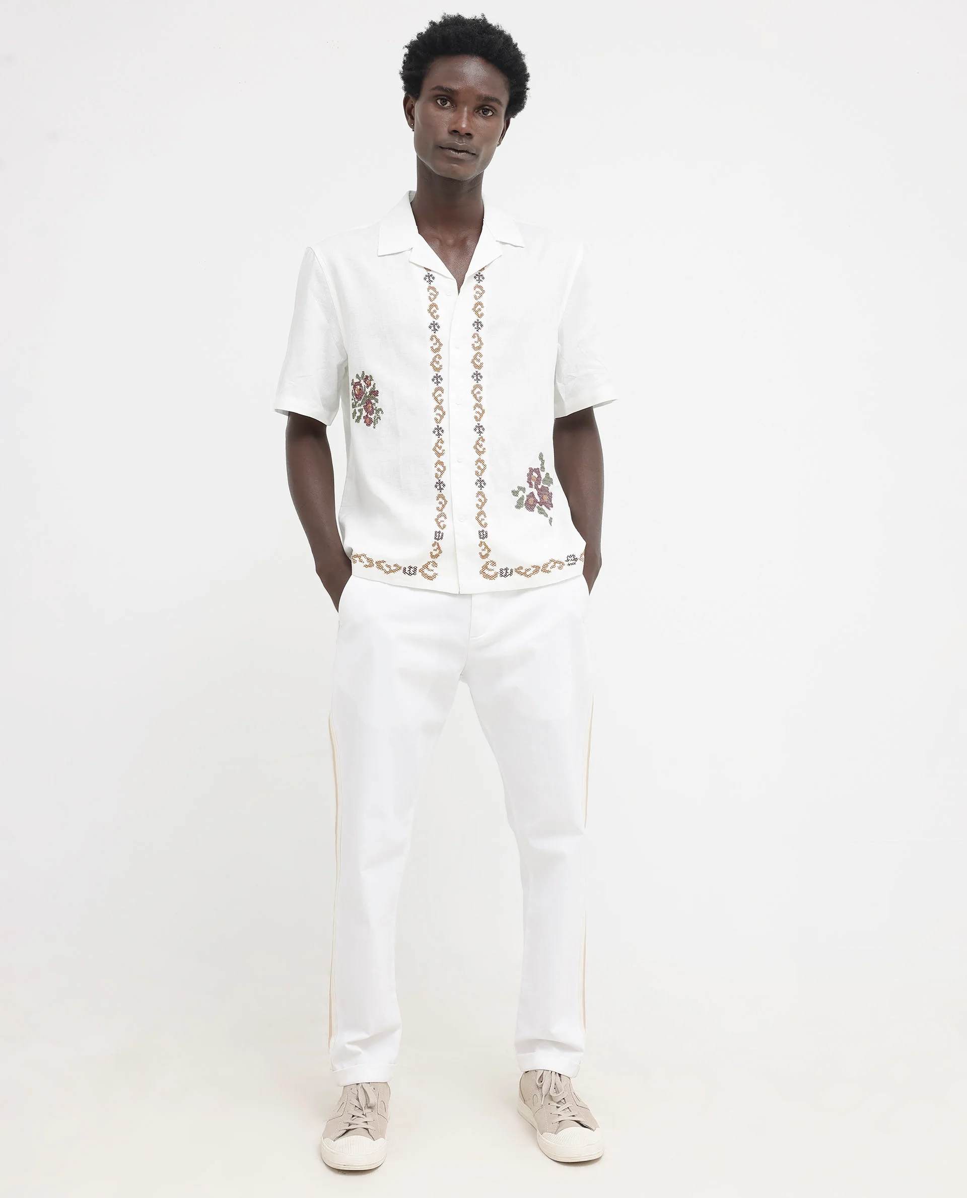 Rare Rabbit Men's Casabo Off White Linen Blend Embroidered Boxy Fit Half Sleeve Cuban Collar Shirt - Image 2