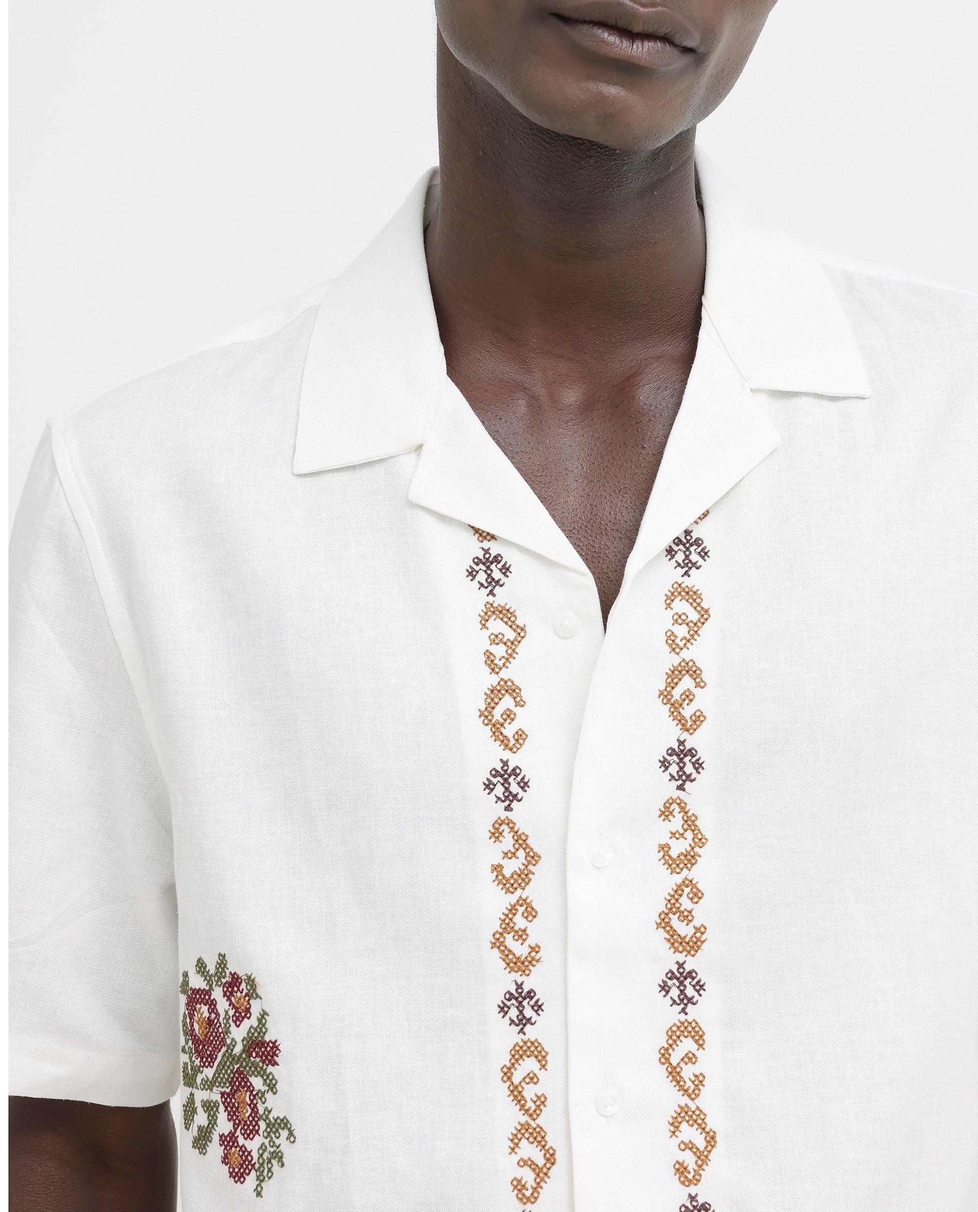 Rare Rabbit Men's Casabo Off White Linen Blend Embroidered Boxy Fit Half Sleeve Cuban Collar Shirt - Image 3