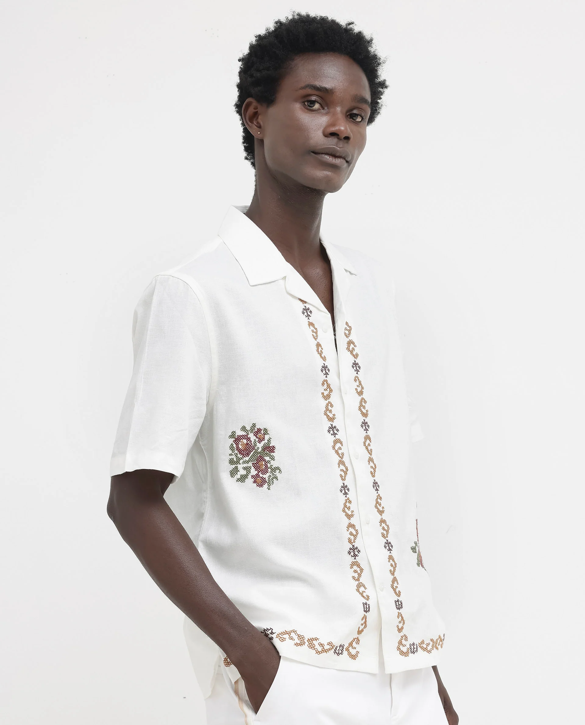 Rare Rabbit Men's Casabo Off White Linen Blend Embroidered Boxy Fit Half Sleeve Cuban Collar Shirt - Image 4