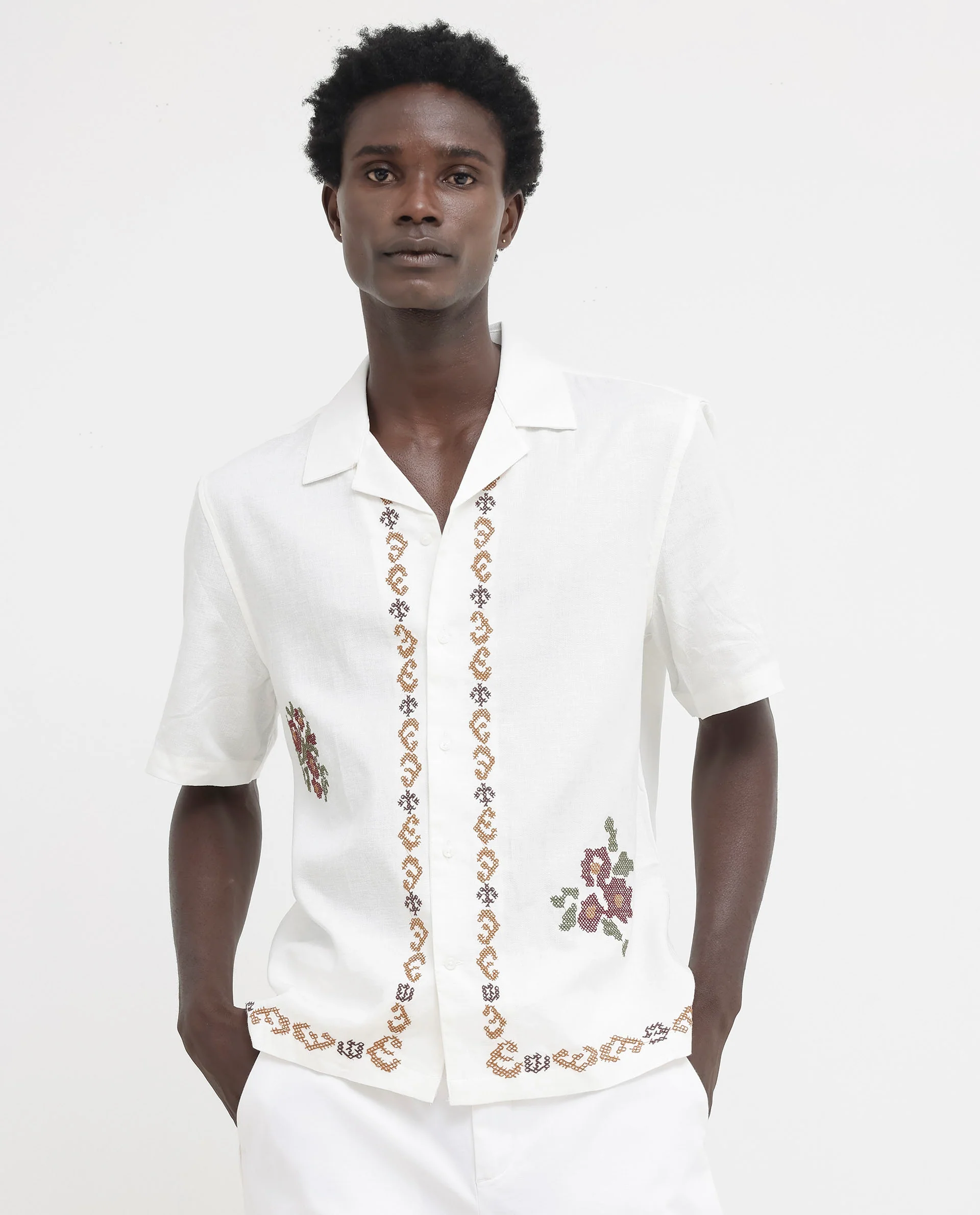 Rare Rabbit Men's Casabo Off White Linen Blend Embroidered Boxy Fit Half Sleeve Cuban Collar Shirt - Image 5