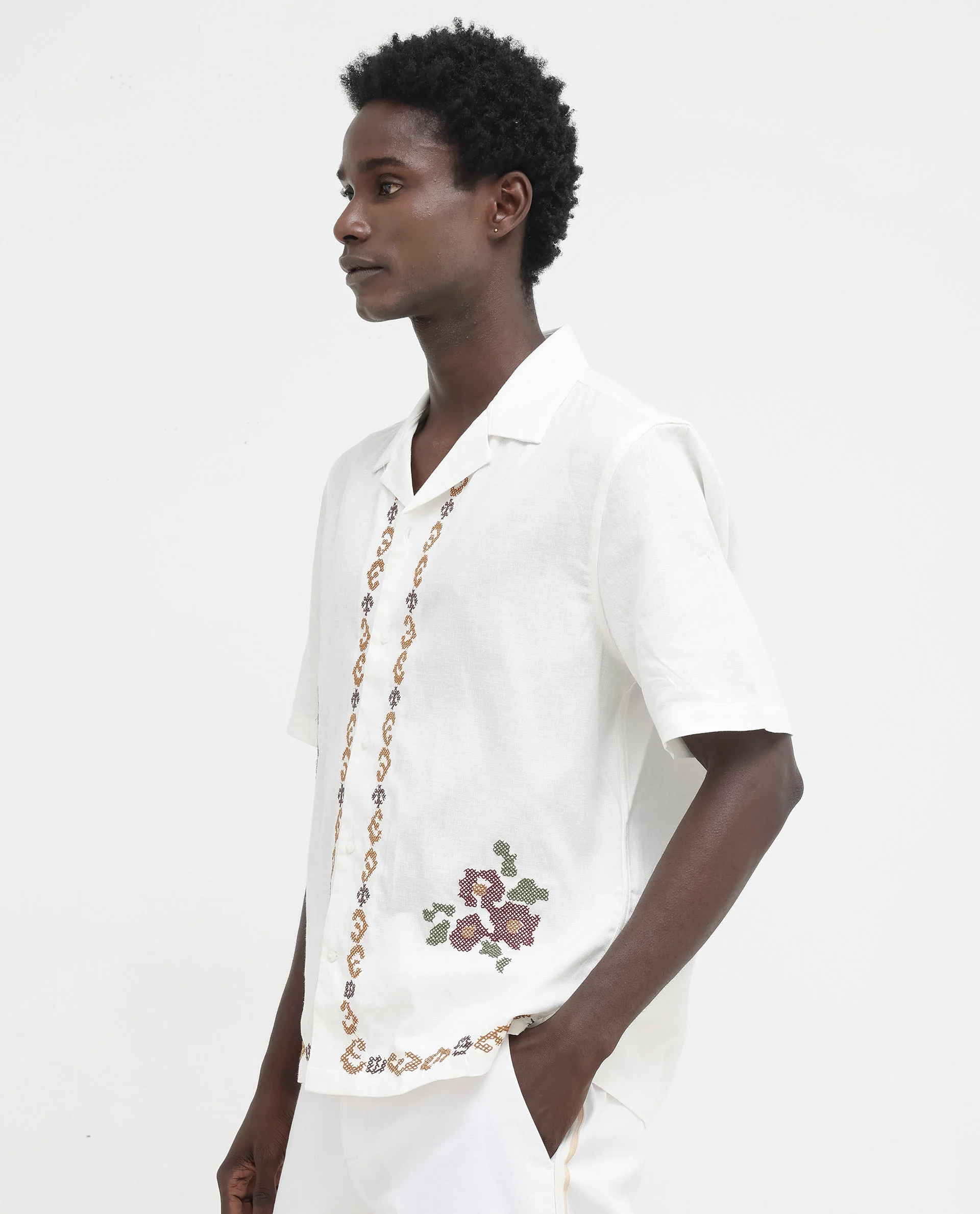 Rare Rabbit Men's Casabo Off White Linen Blend Embroidered Boxy Fit Half Sleeve Cuban Collar Shirt - Image 7