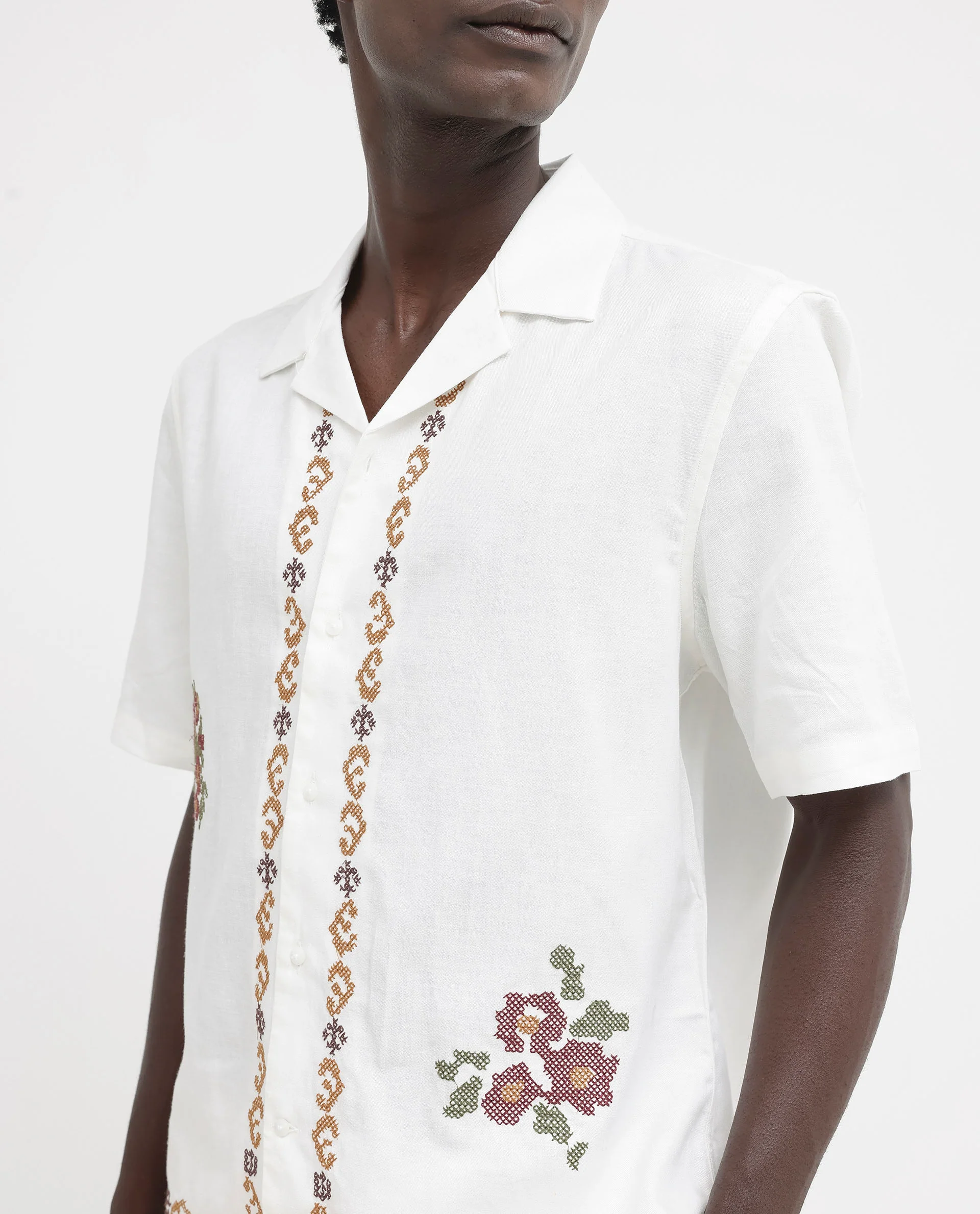 Rare Rabbit Men's Casabo Off White Linen Blend Embroidered Boxy Fit Half Sleeve Cuban Collar Shirt - Image 8