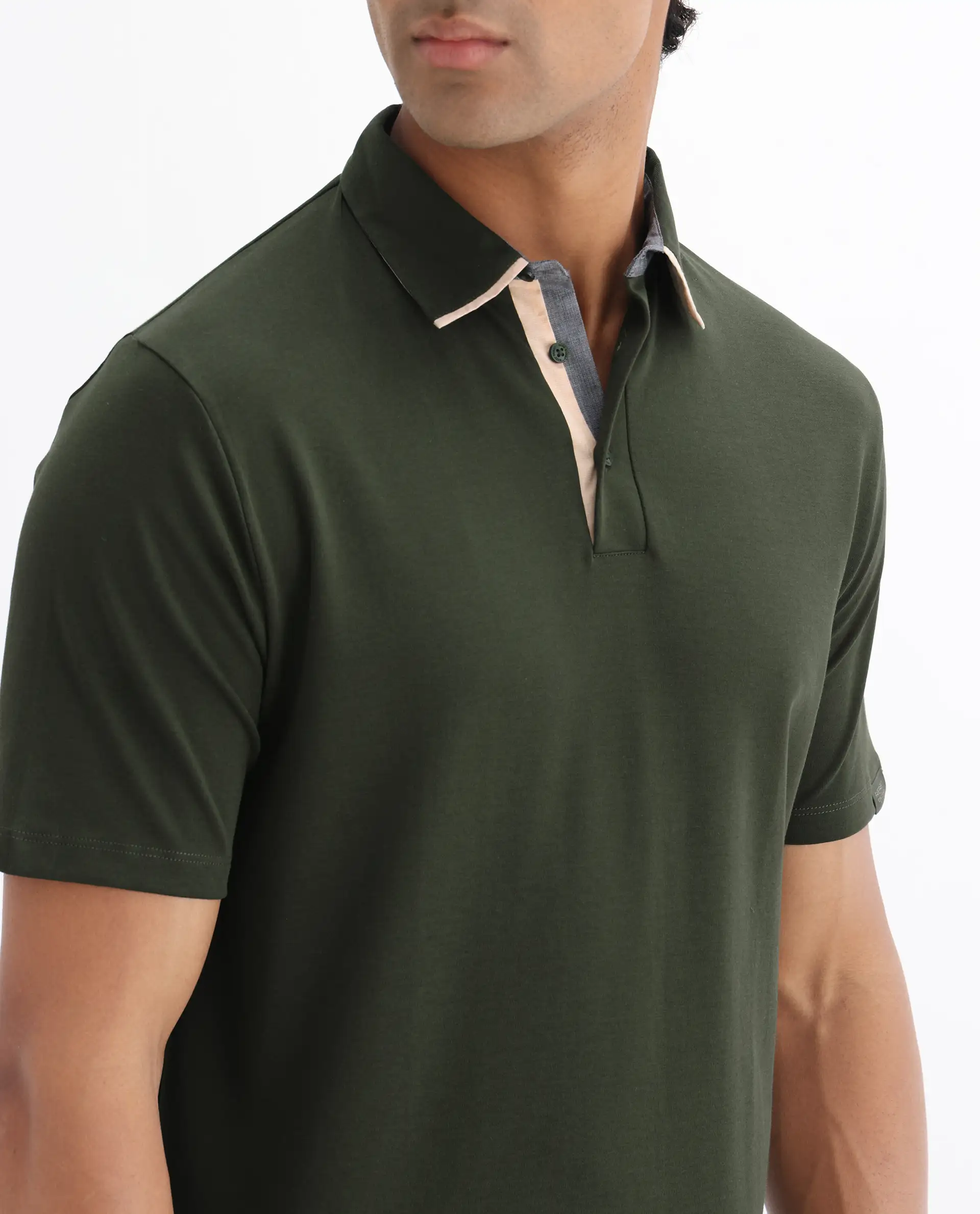 Rare Rabbit Men's Casca Dark Olive Cotton Plain Regular Fit Half Sleeve Polo - Image 3