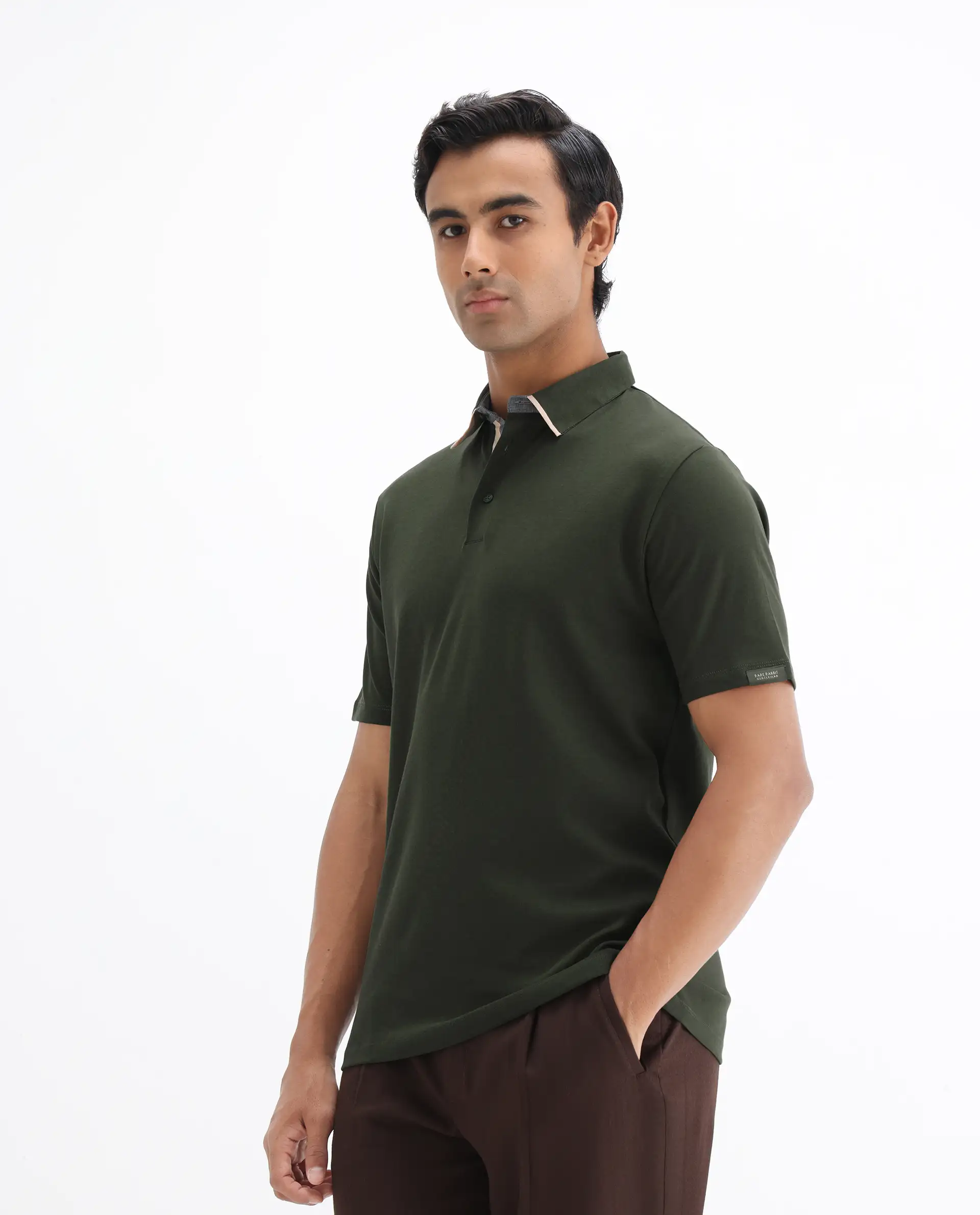 Rare Rabbit Men's Casca Dark Olive Cotton Plain Regular Fit Half Sleeve Polo - Image 4
