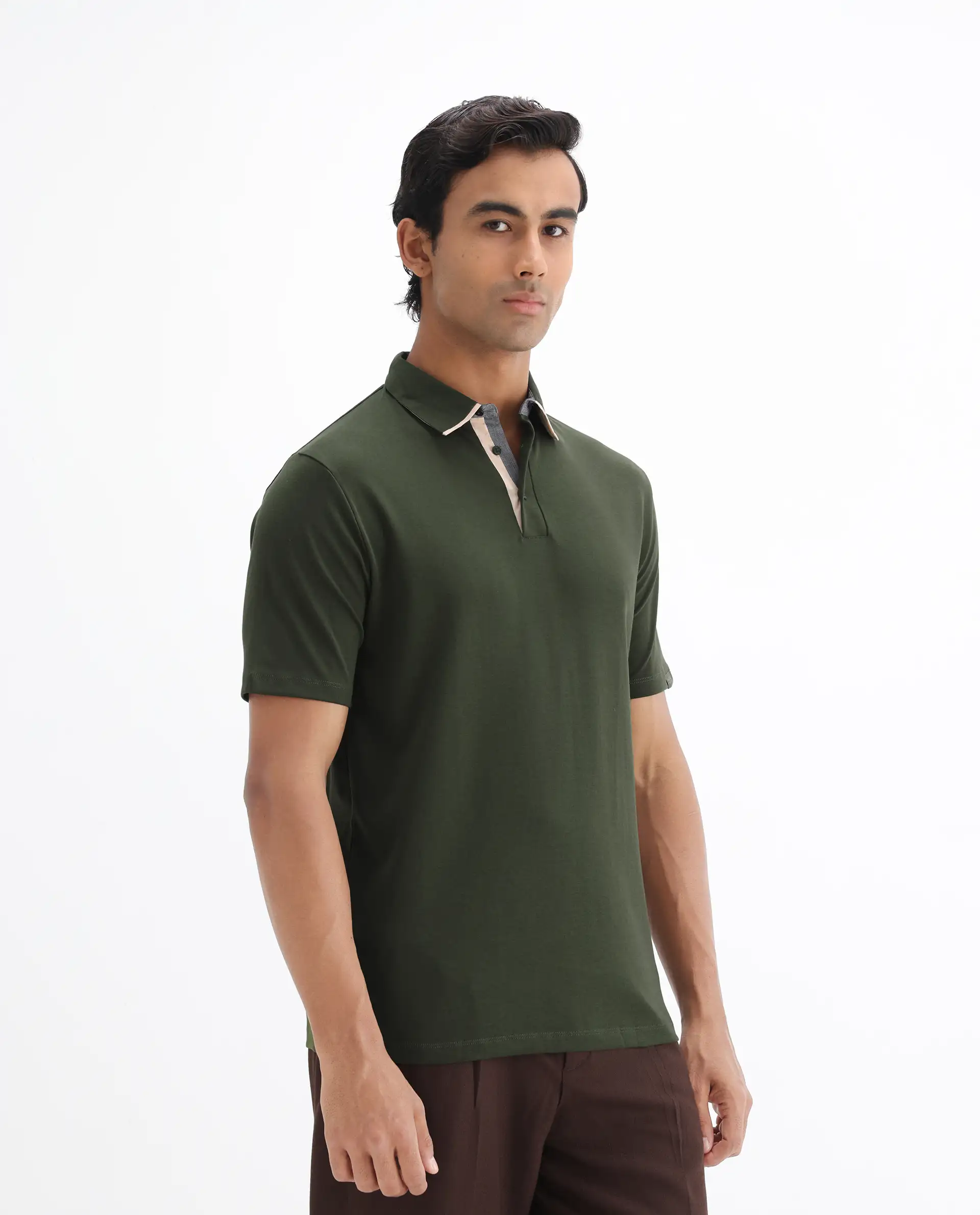 Rare Rabbit Men's Casca Dark Olive Cotton Plain Regular Fit Half Sleeve Polo - Image 5