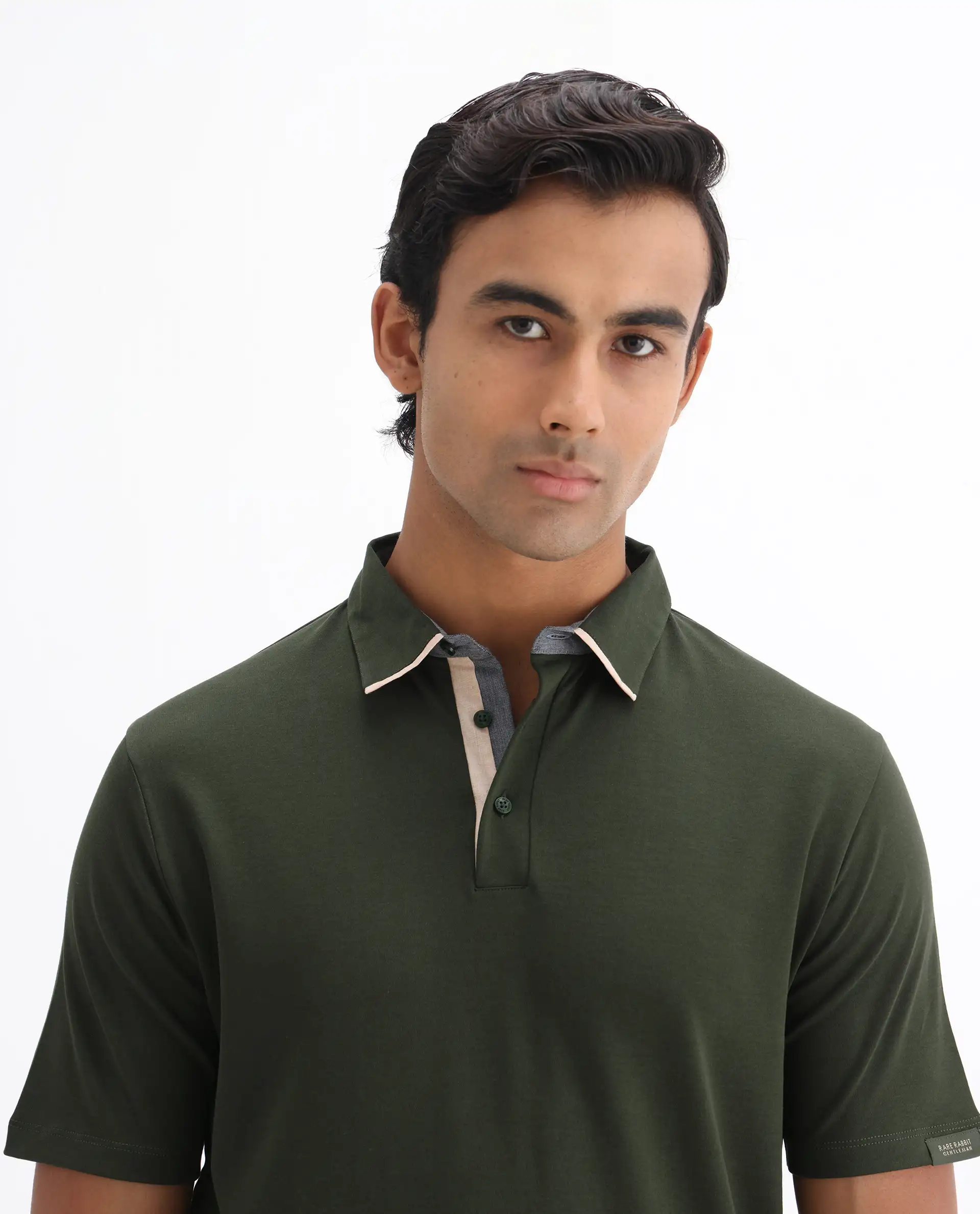 Rare Rabbit Men's Casca Dark Olive Cotton Plain Regular Fit Half Sleeve Polo - Image 6