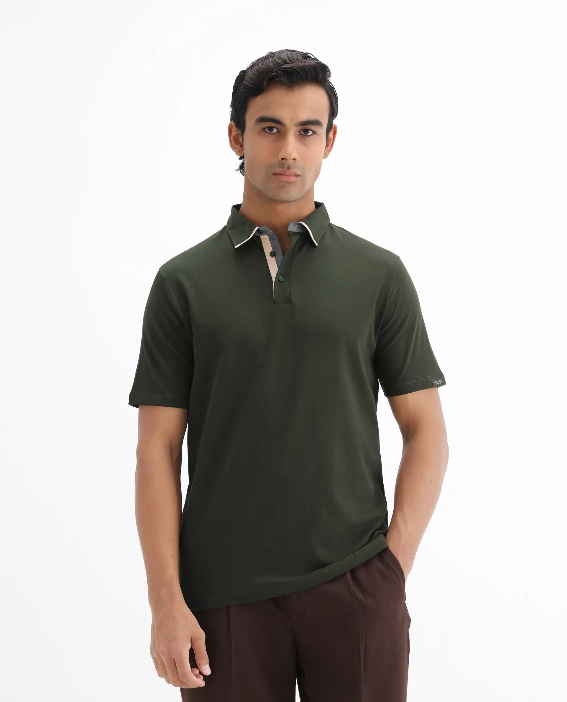 Rare Rabbit Men's Casca Dark Olive Cotton Plain Regular Fit Half Sleeve Polo - Image 7