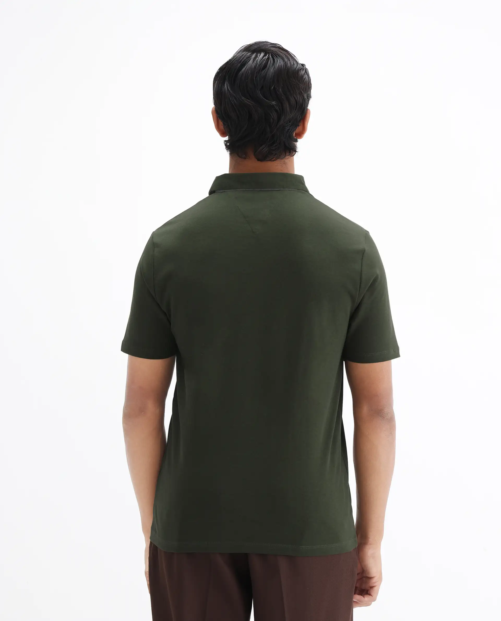 Rare Rabbit Men's Casca Dark Olive Cotton Plain Regular Fit Half Sleeve Polo - Image 8