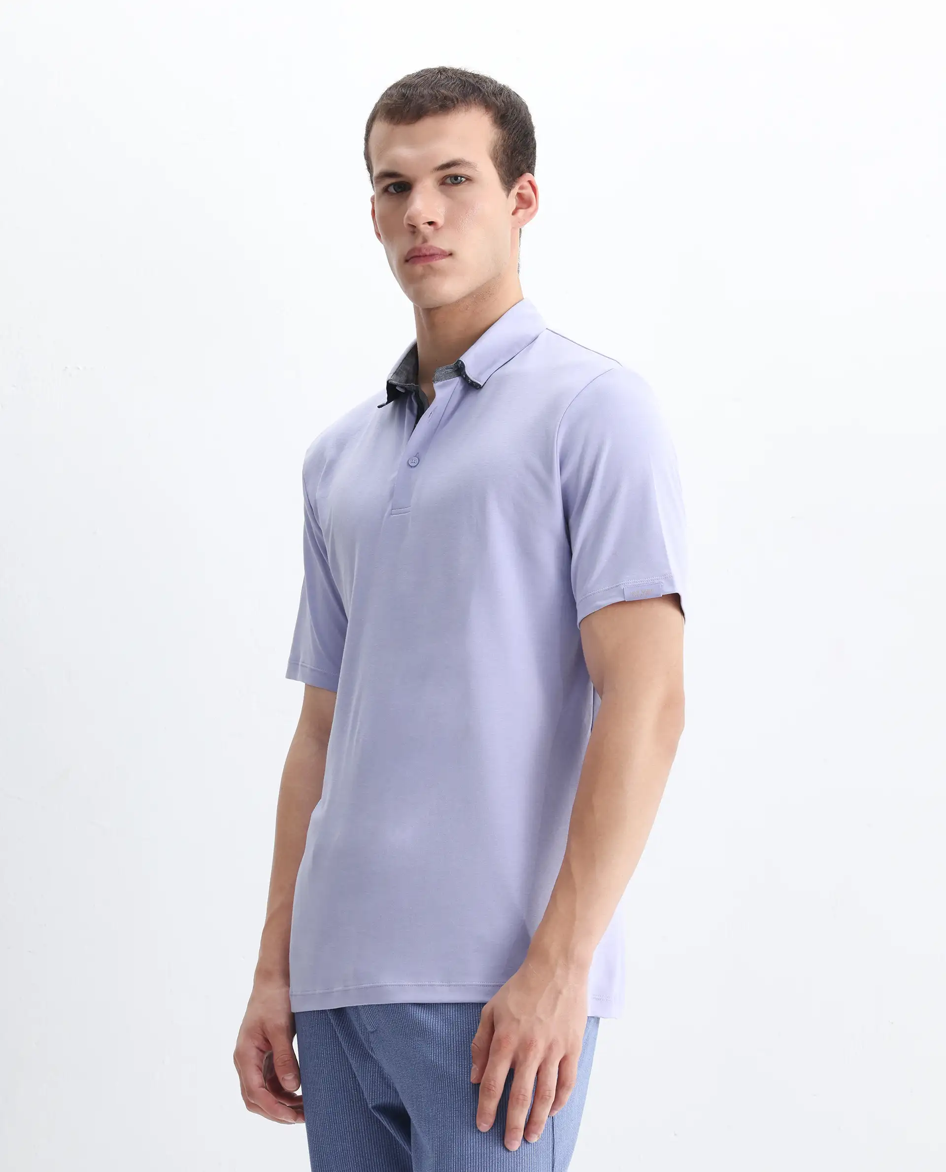 Rare Rabbit Men's Casca Pastel Purple Cotton Plain Regular Fit Half Sleeve Polo - Image 5