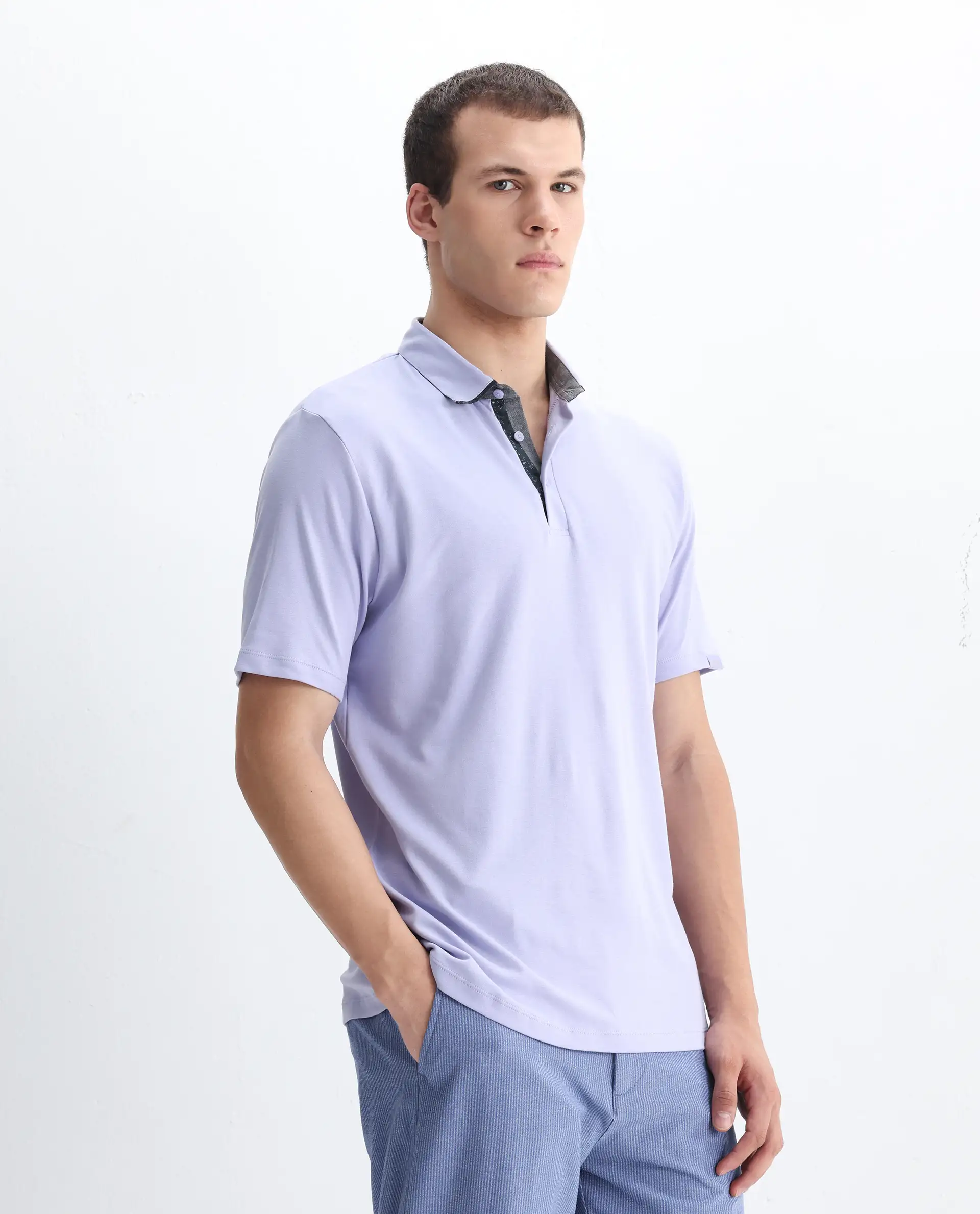 Rare Rabbit Men's Casca Pastel Purple Cotton Plain Regular Fit Half Sleeve Polo - Image 6