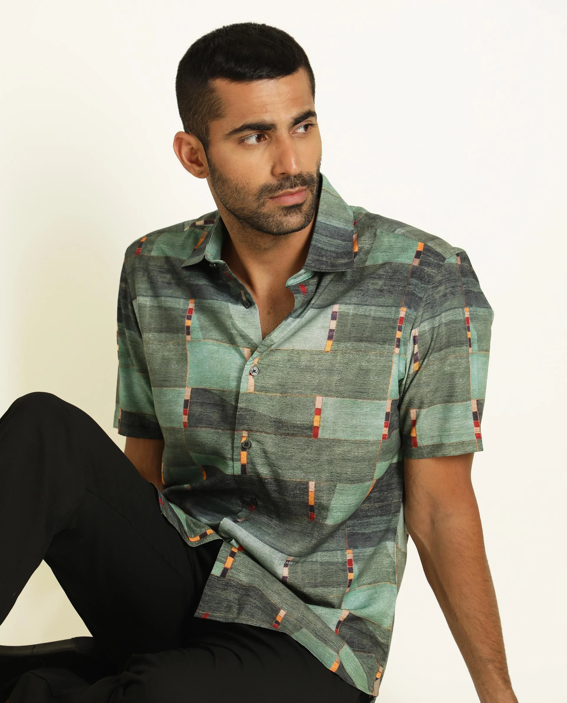 Rare Rabbit Men's Cashco Green Viscose Abstract Print Regular Fit Half Sleeve Collared Shirt
