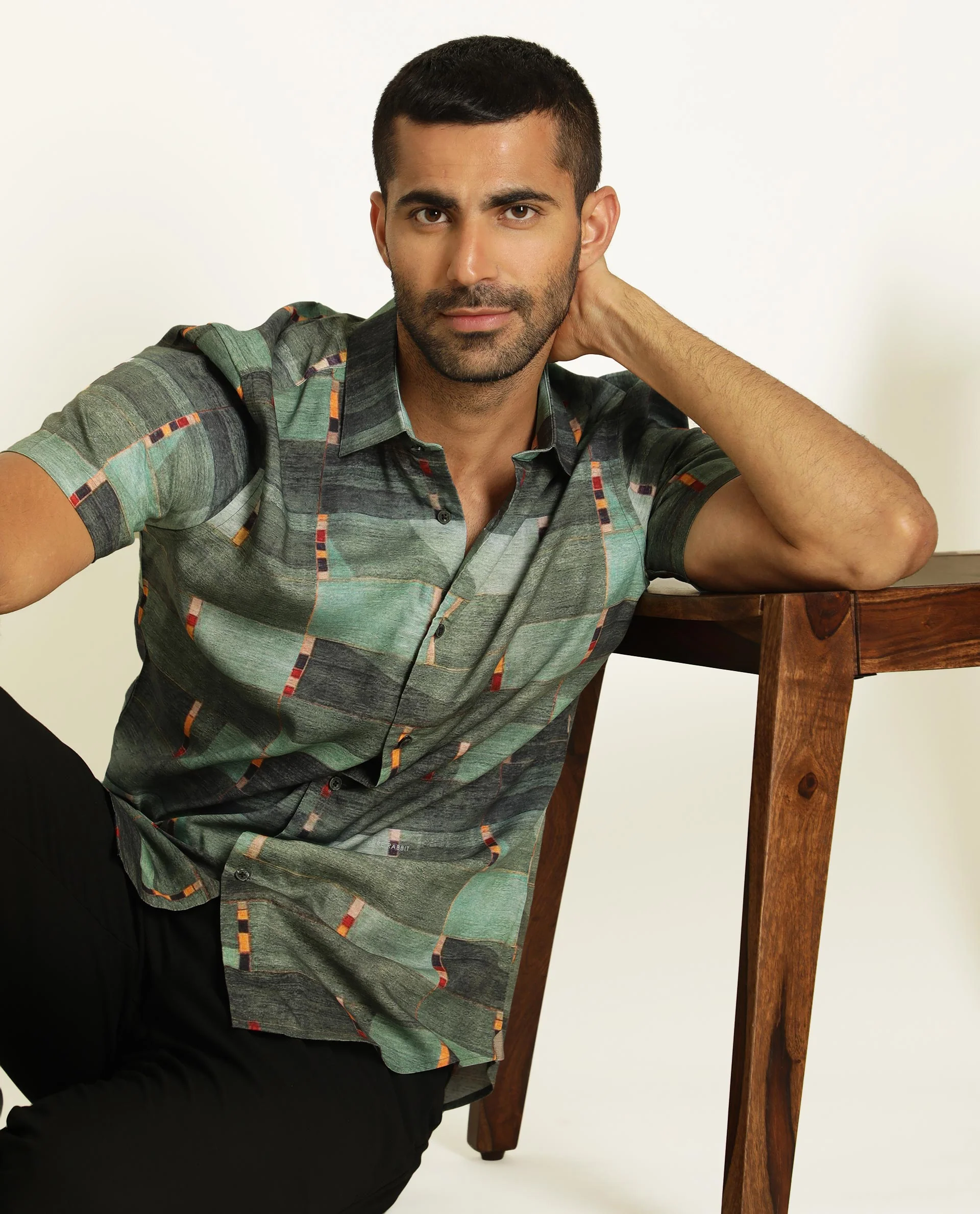 Rare Rabbit Men's Cashco Green Viscose Abstract Print Regular Fit Half Sleeve Collared Shirt - Image 3