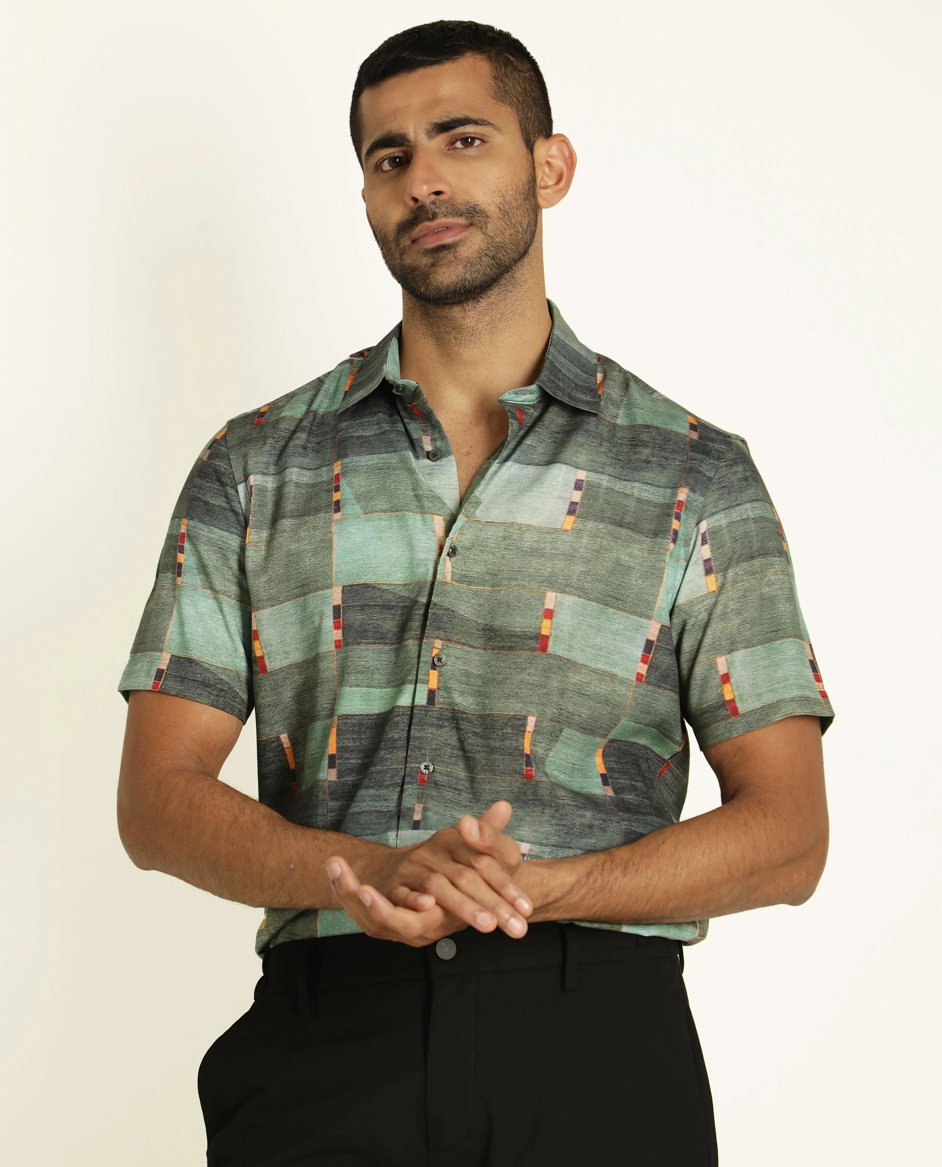 Rare Rabbit Men's Cashco Green Viscose Abstract Print Regular Fit Half Sleeve Collared Shirt - Image 4