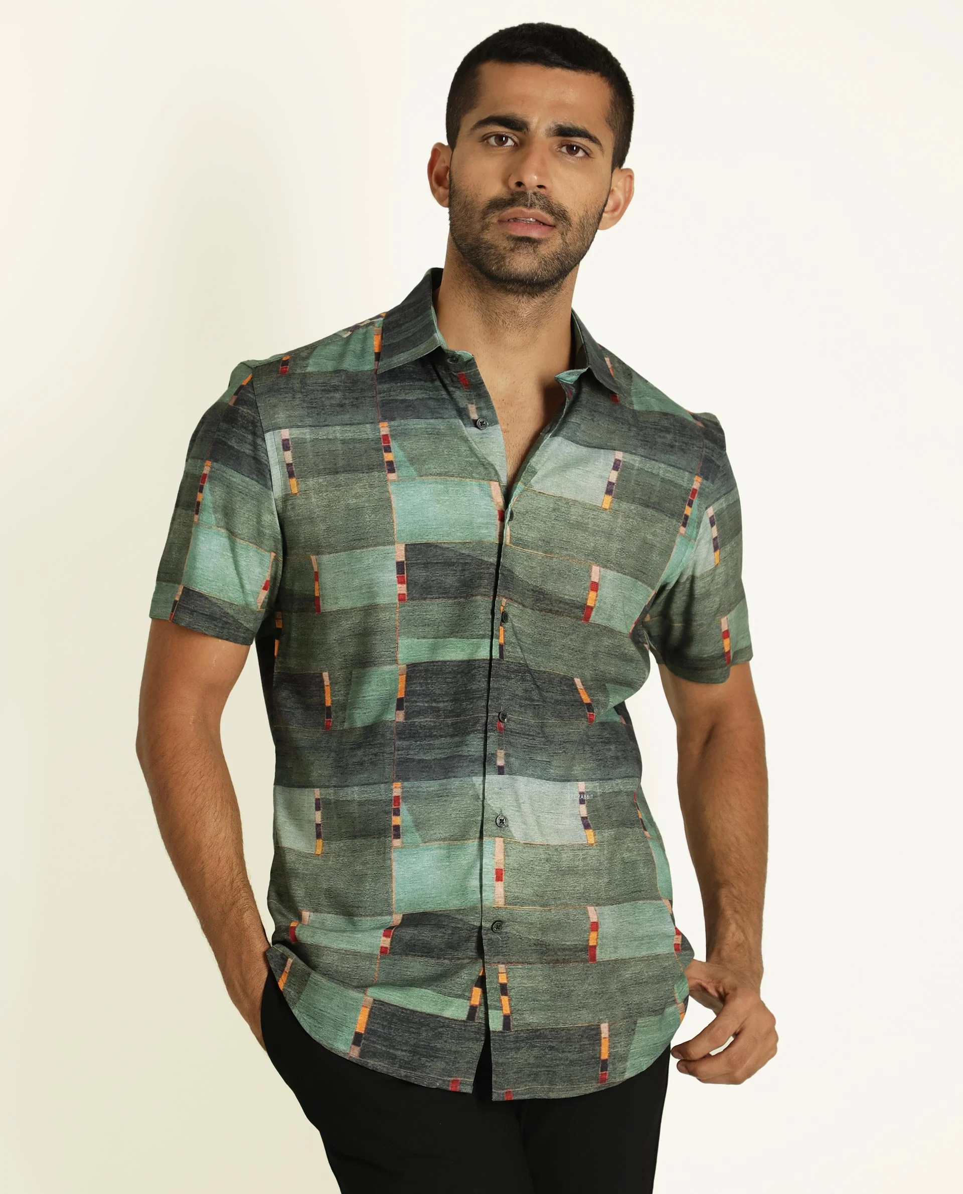 Rare Rabbit Men's Cashco Green Viscose Abstract Print Regular Fit Half Sleeve Collared Shirt - Image 5