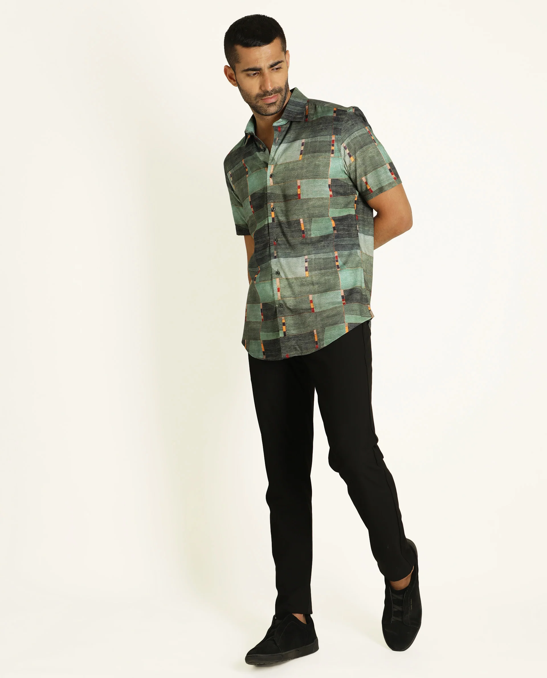 Rare Rabbit Men's Cashco Green Viscose Abstract Print Regular Fit Half Sleeve Collared Shirt - Image 8