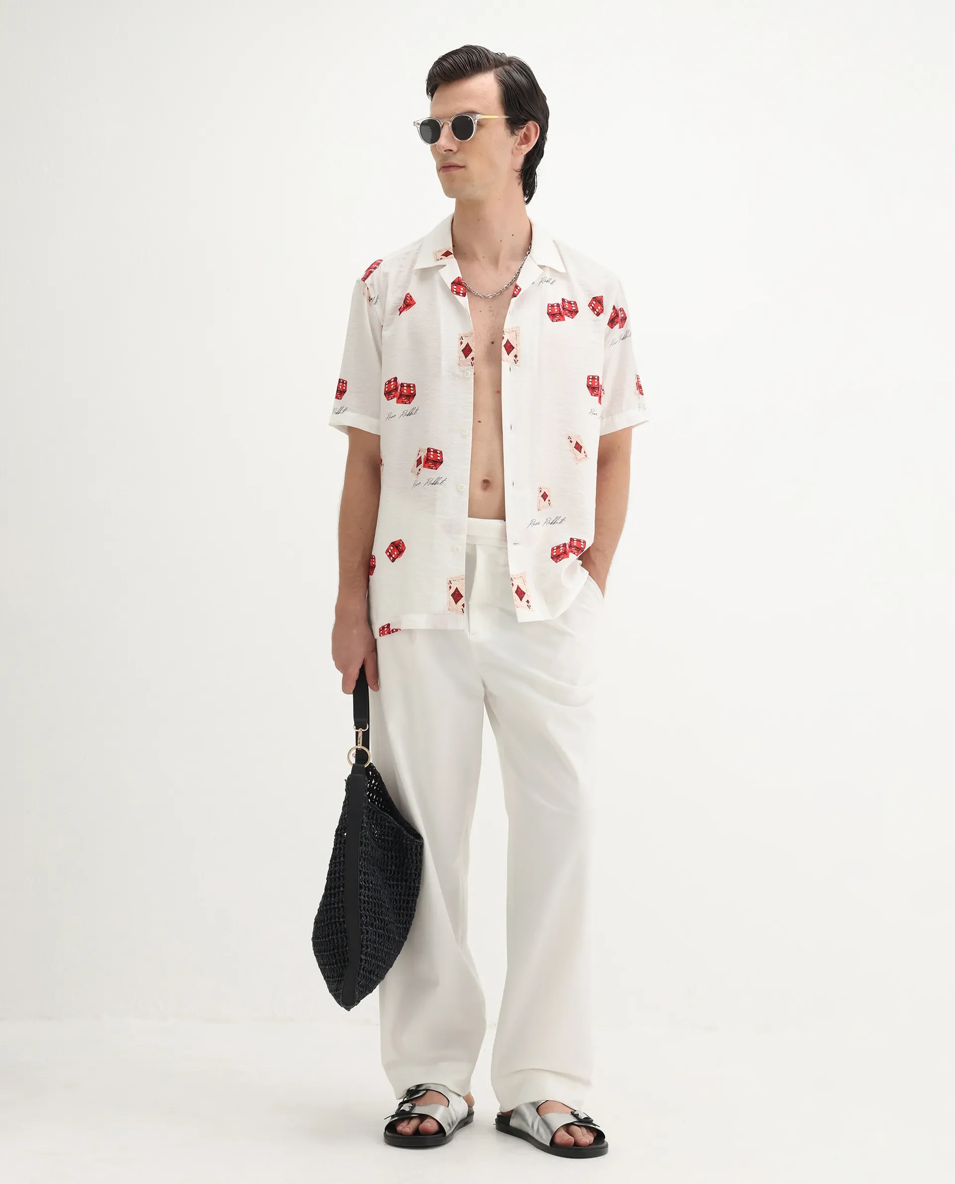 Rare Rabbit Men's Casi White Viscose Blend Decorative Print Relaxed Fit Half Sleeve Collared Shirt - Image 3