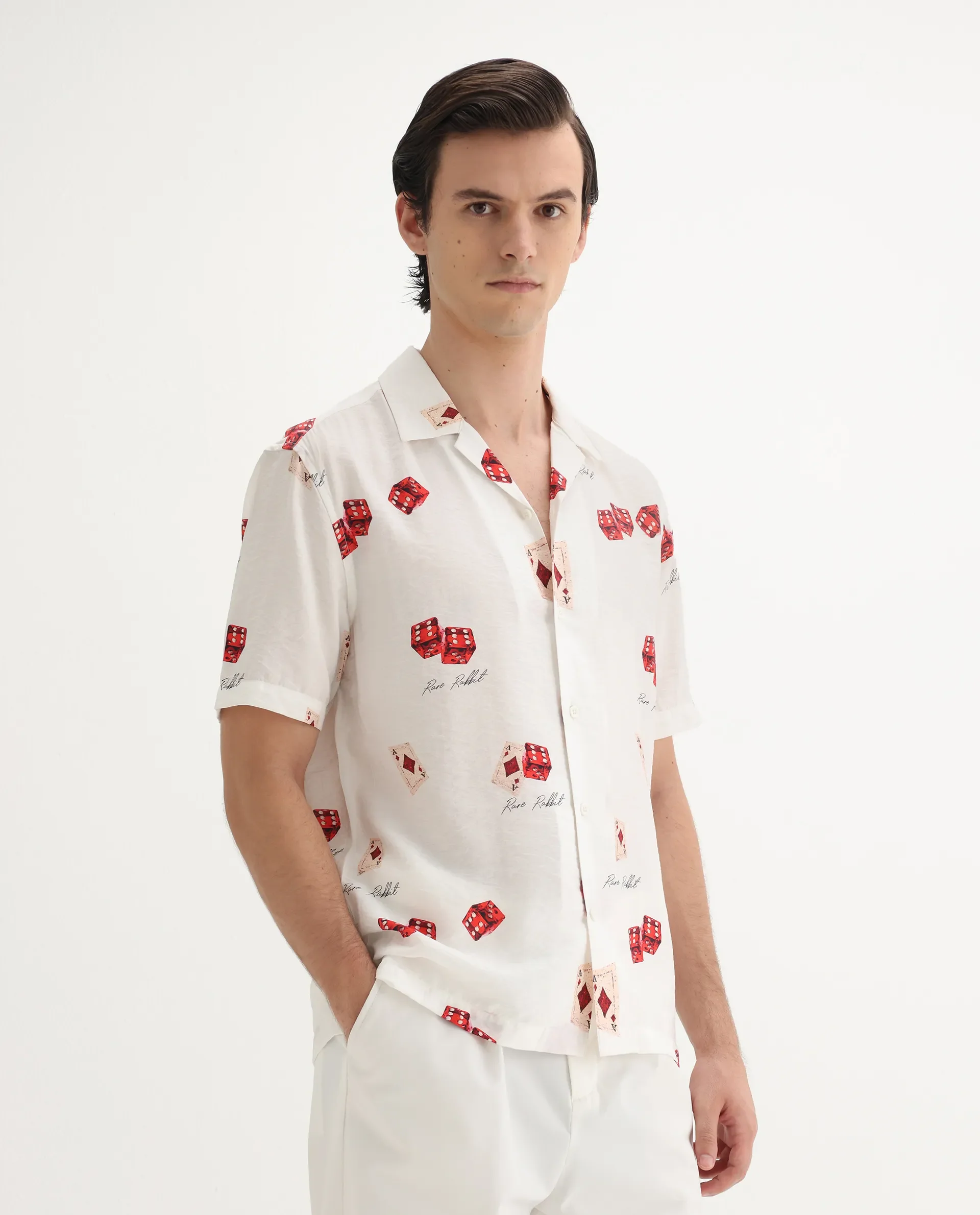 Rare Rabbit Men's Casi White Viscose Blend Decorative Print Relaxed Fit Half Sleeve Collared Shirt - Image 6