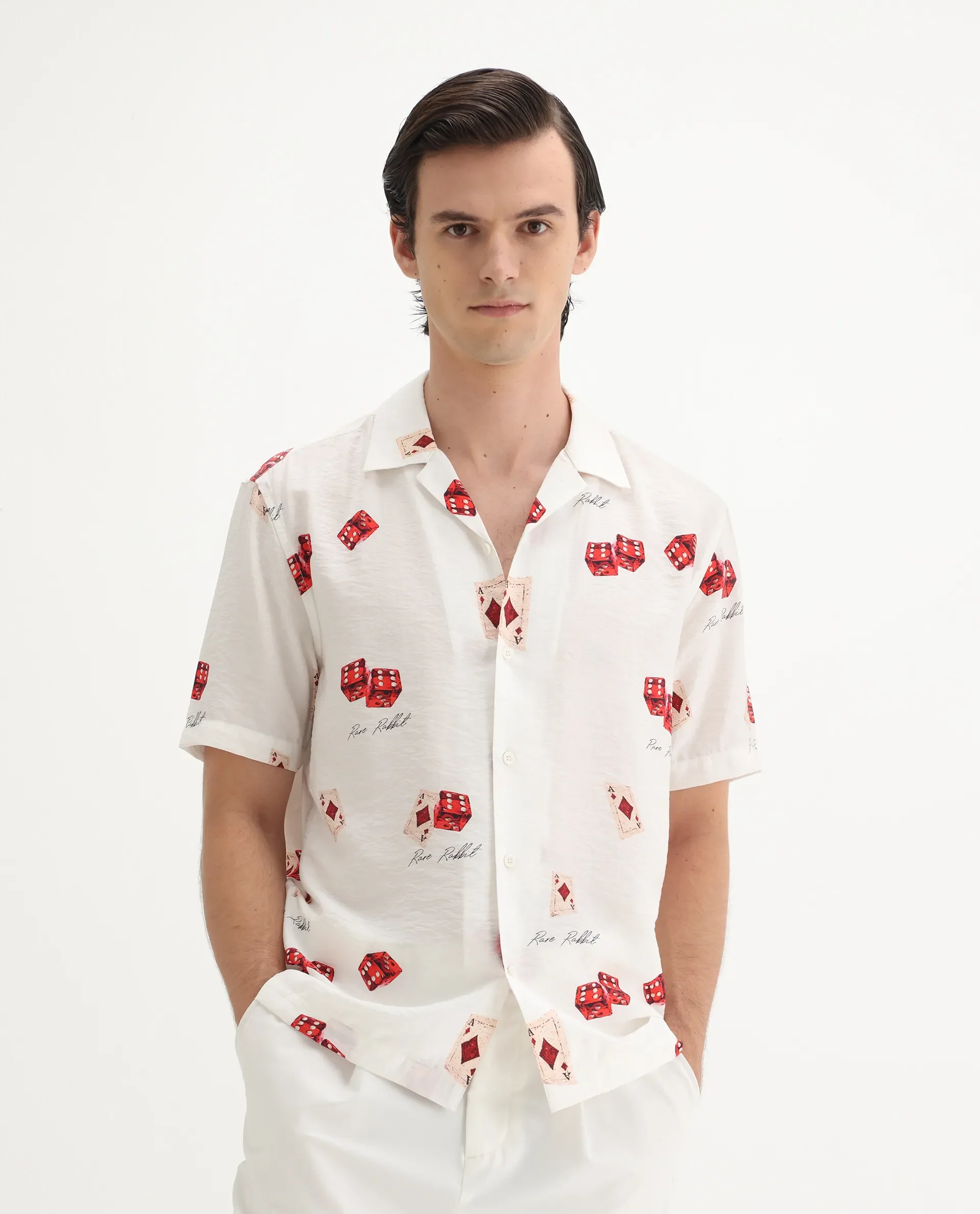 Rare Rabbit Men's Casi White Viscose Blend Decorative Print Relaxed Fit Half Sleeve Collared Shirt - Image 8