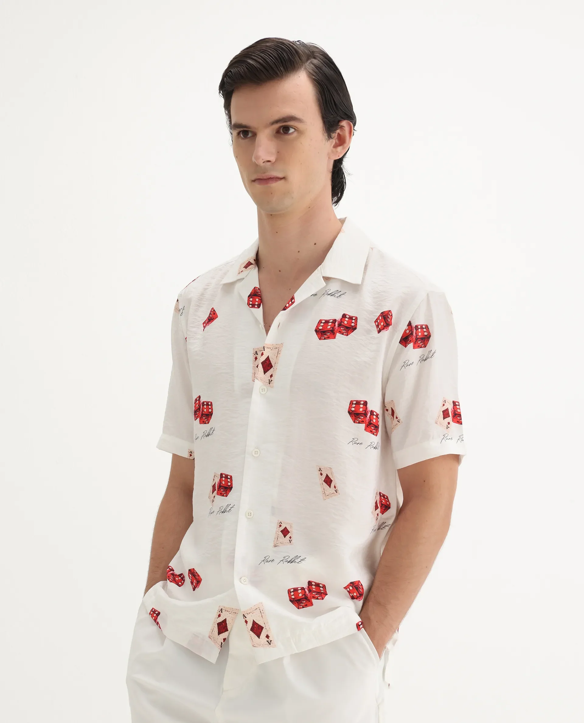 Rare Rabbit Men's Casi White Viscose Blend Decorative Print Relaxed Fit Half Sleeve Collared Shirt - Image 9
