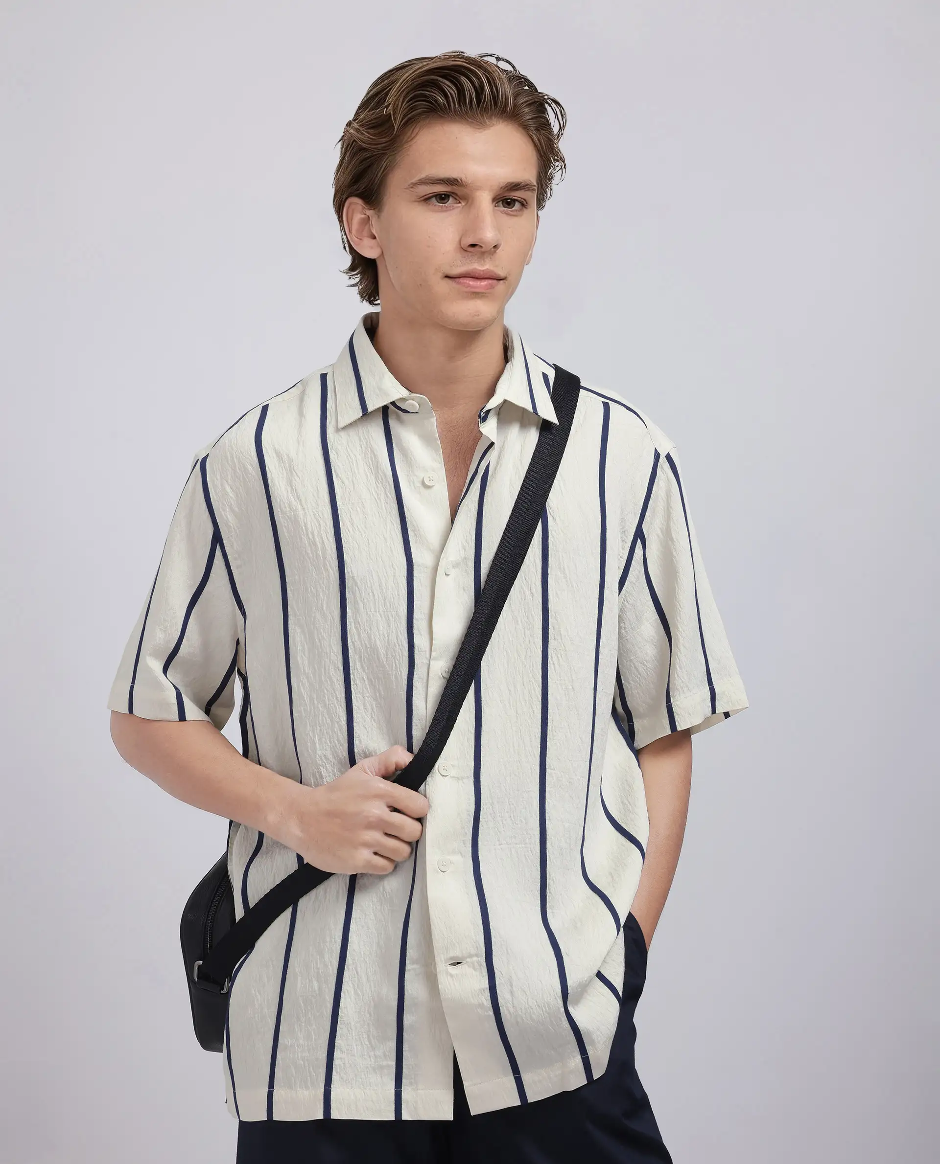 Rare Rabbit Men's Cask Navy Viscose Blend Striped Print Relaxed Fit Half Sleeve Collared Shirt