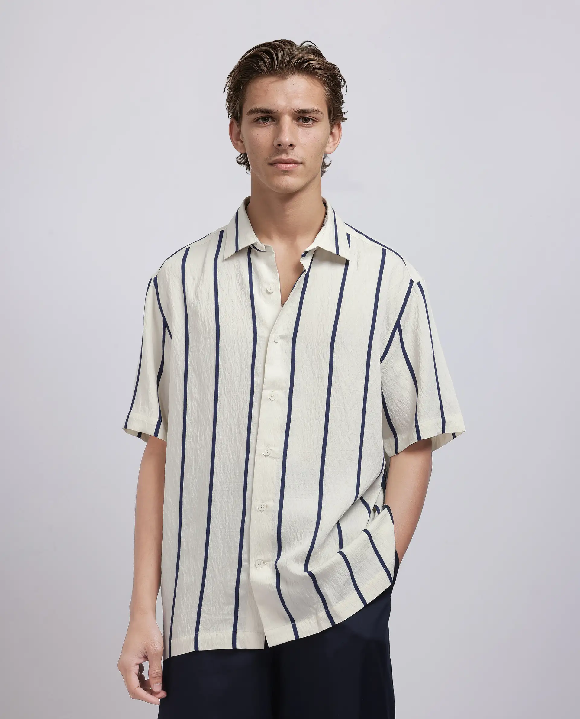 Rare Rabbit Men's Cask Navy Viscose Blend Striped Print Relaxed Fit Half Sleeve Collared Shirt - Image 2